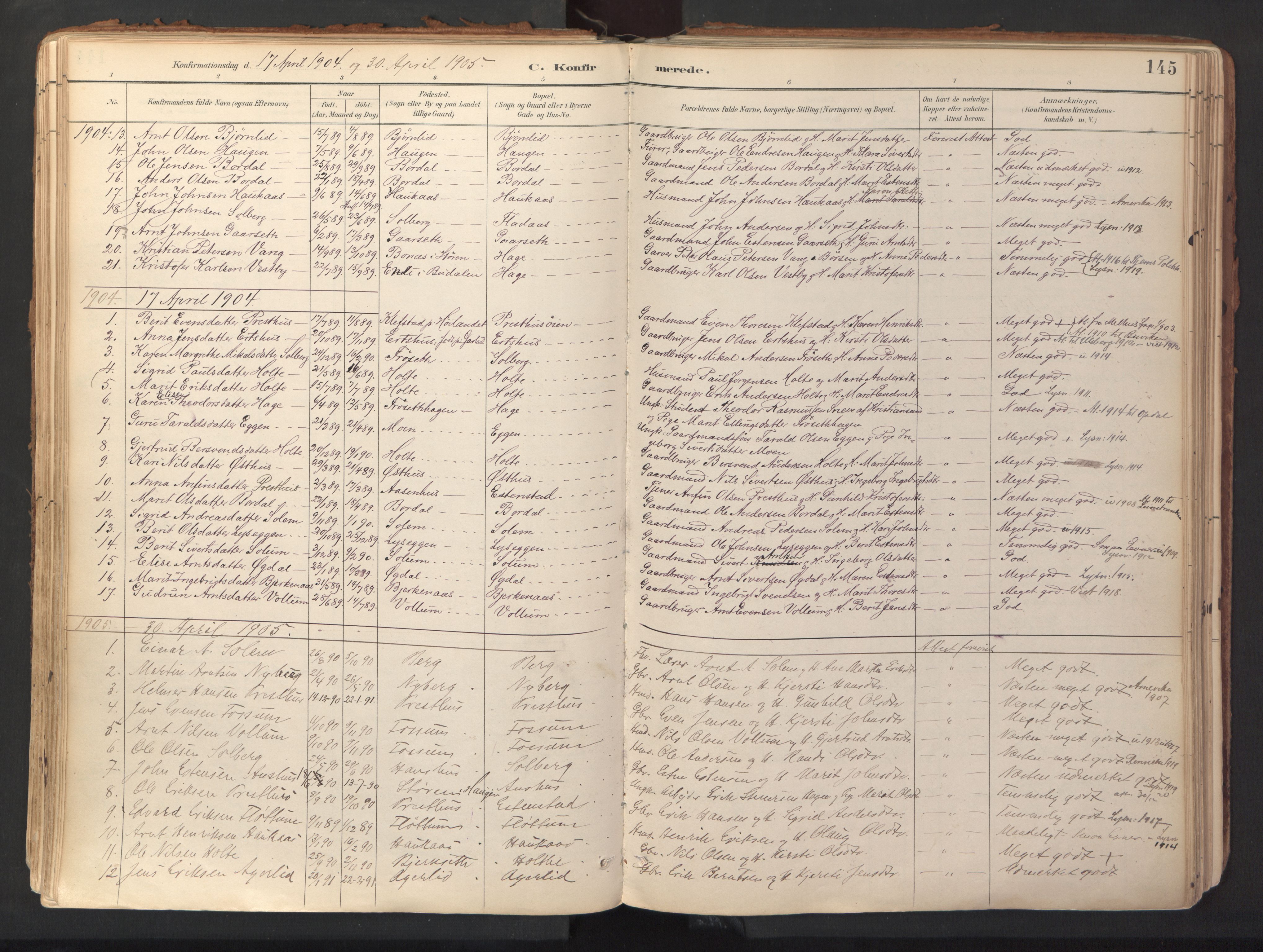 Ministerialprotokoller, klokkerbøker og fødselsregistre - Sør-Trøndelag, SAT/A-1456/689/L1041: Parish register (official) no. 689A06, 1891-1923, p. 145