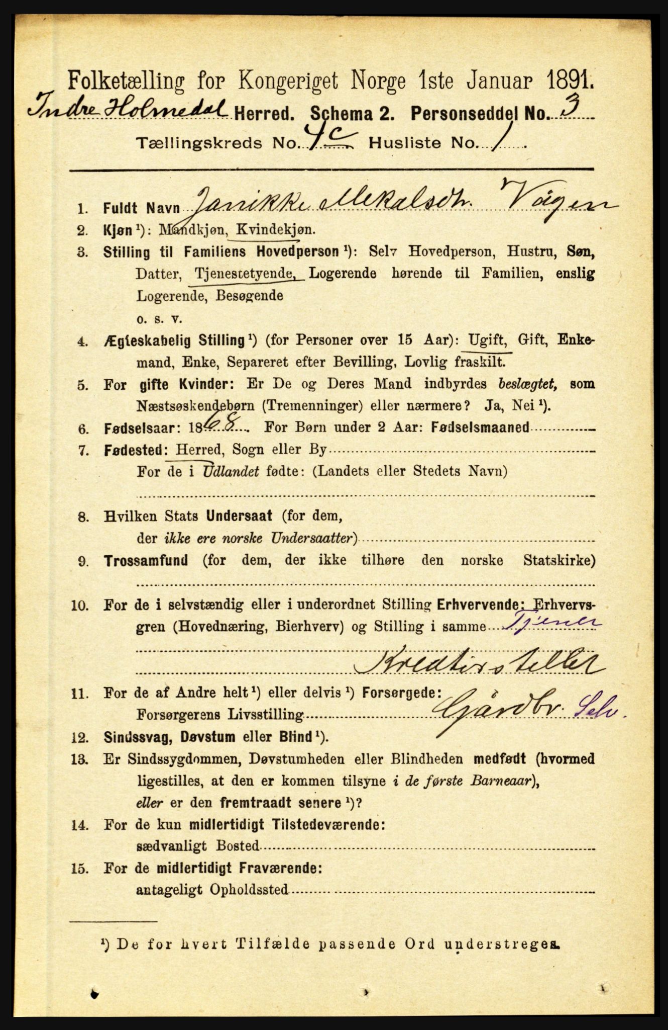 RA, 1891 census for 1430 Indre Holmedal, 1891, p. 1638