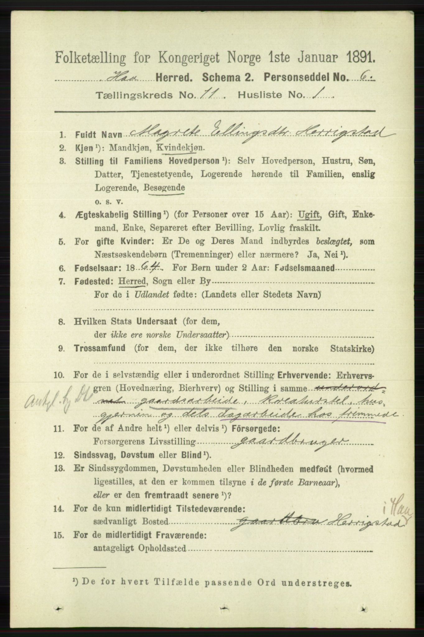 RA, 1891 census for 1119 Hå, 1891, p. 2634