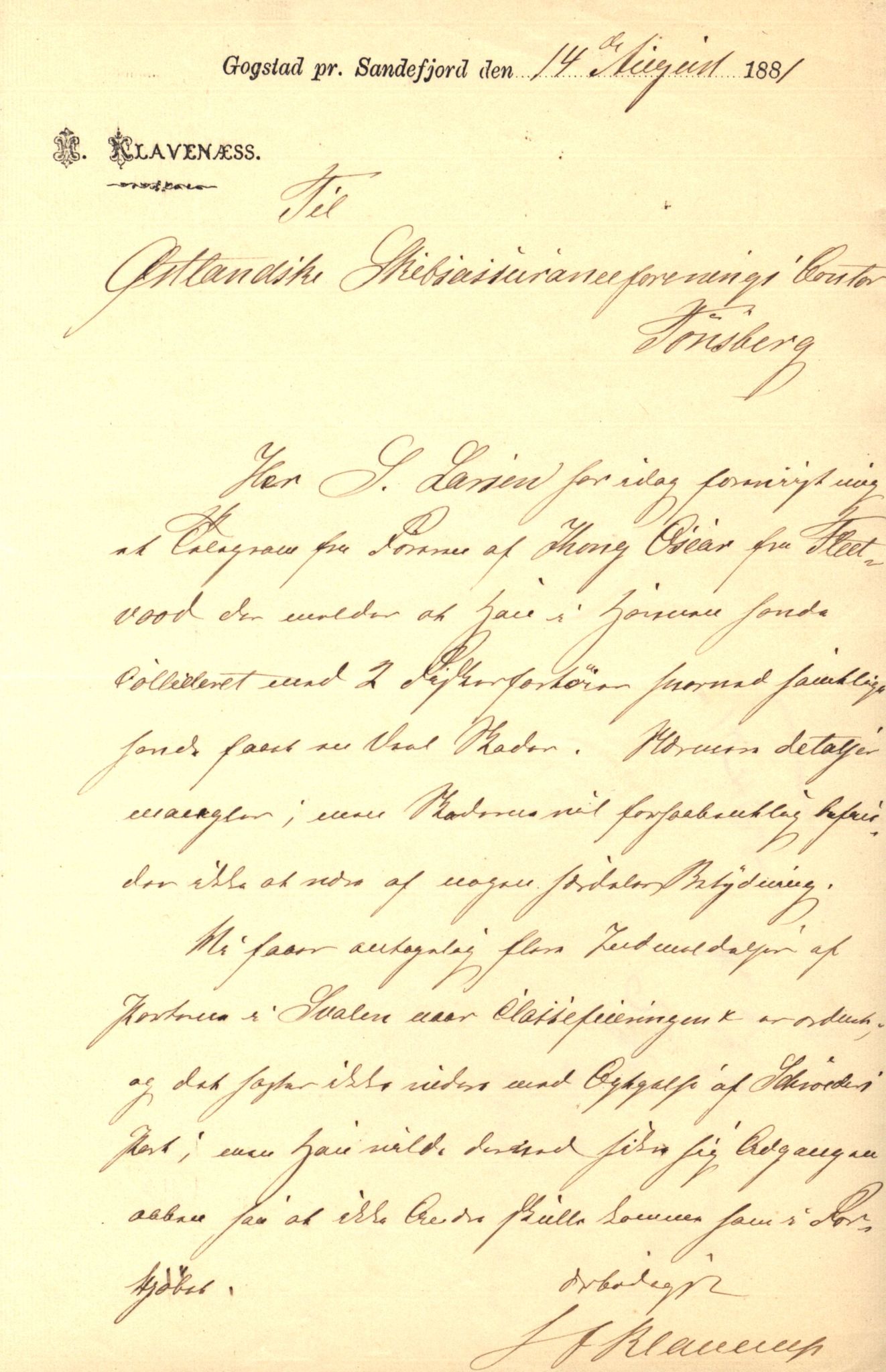 Pa 63 - Østlandske skibsassuranceforening, VEMU/A-1079/G/Ga/L0014/0003: Havaridokumenter / Helene, Joanchas, Kong Oskar af Sandefjord, Kong Oscar af Haugesund, 1881, p. 21