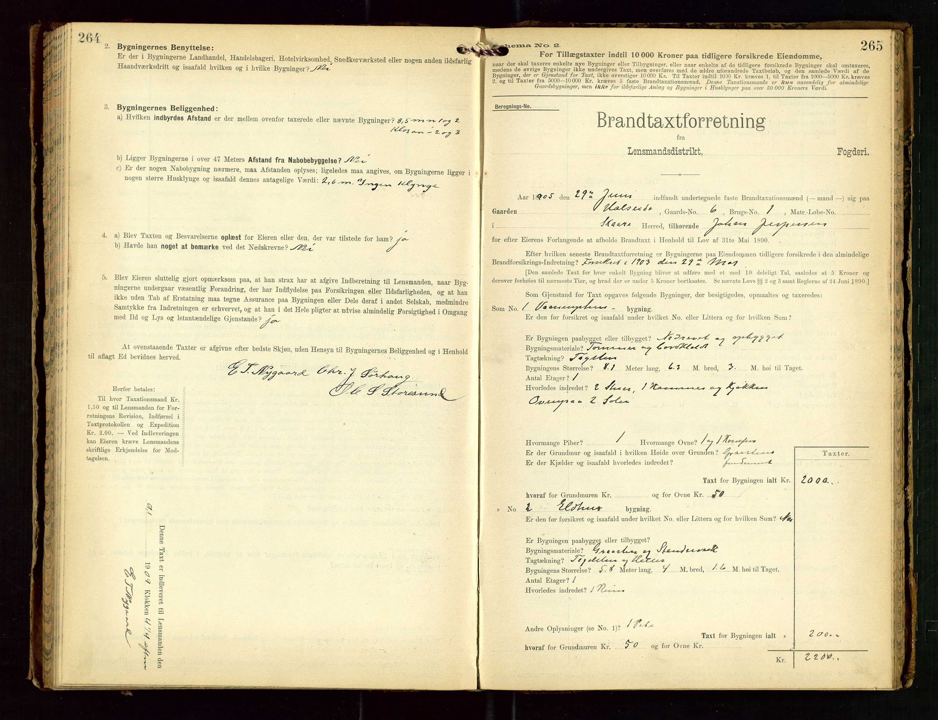 Torvestad lensmannskontor, SAST/A-100307/1/Gob/L0003: "Brandtaxationsprotokol for Torvestad Lensmannsdistrikt", 1905-1909, p. 264-265