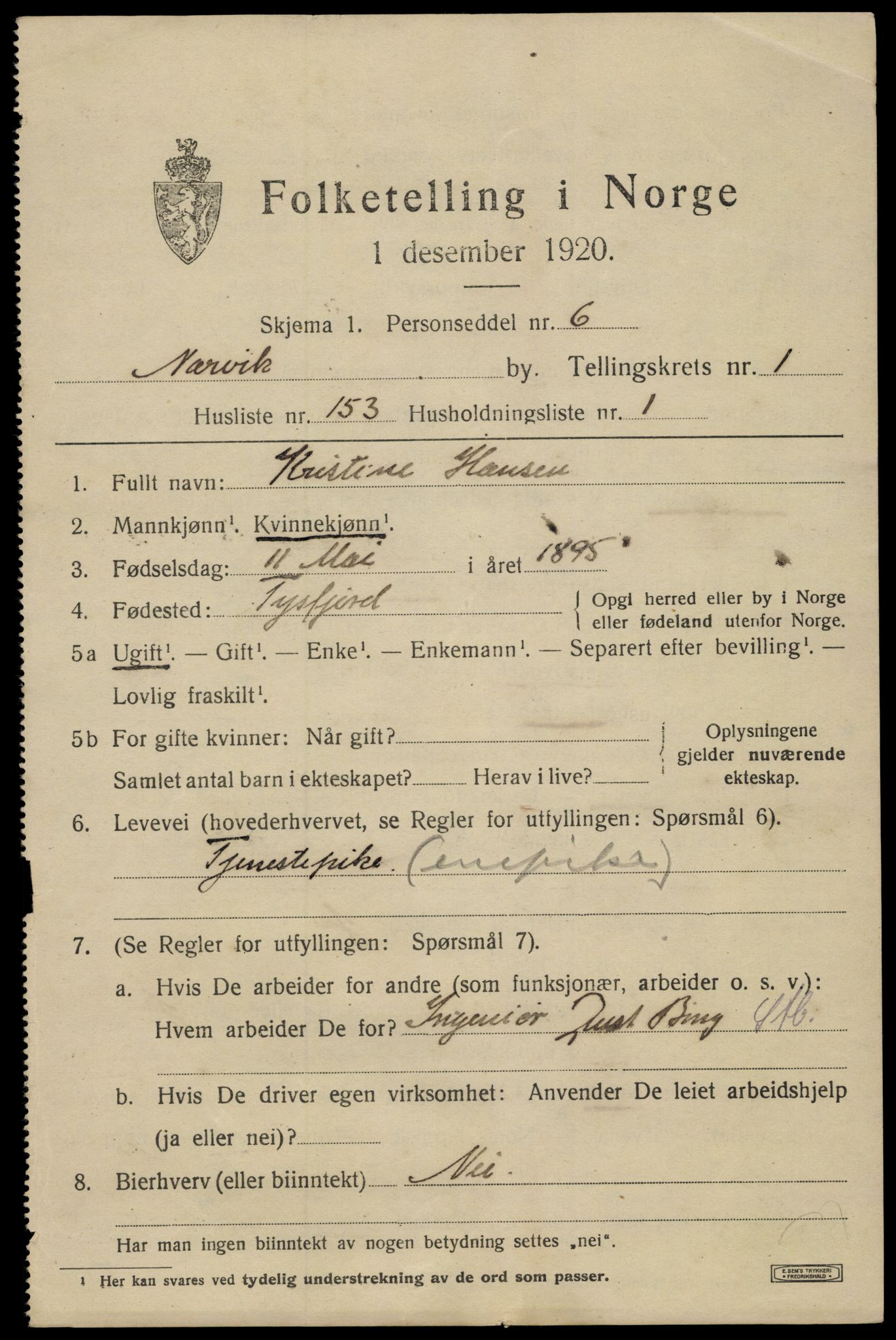 SAT, 1920 census for Narvik, 1920, p. 8022