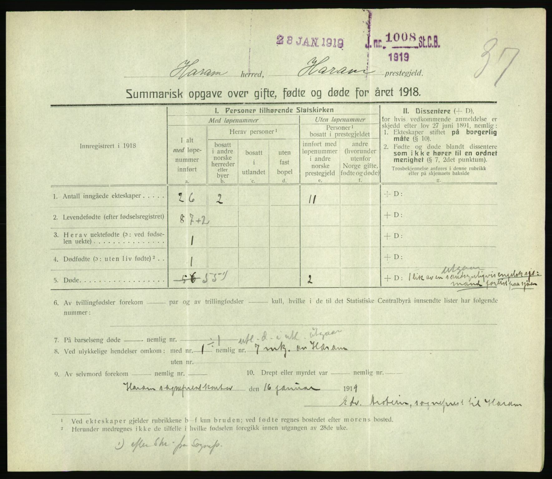 Statistisk sentralbyrå, Sosiodemografiske emner, Befolkning, RA/S-2228/D/Df/Dfb/Dfbh/L0059: Summariske oppgaver over gifte, fødte og døde for hele landet., 1918, p. 1157