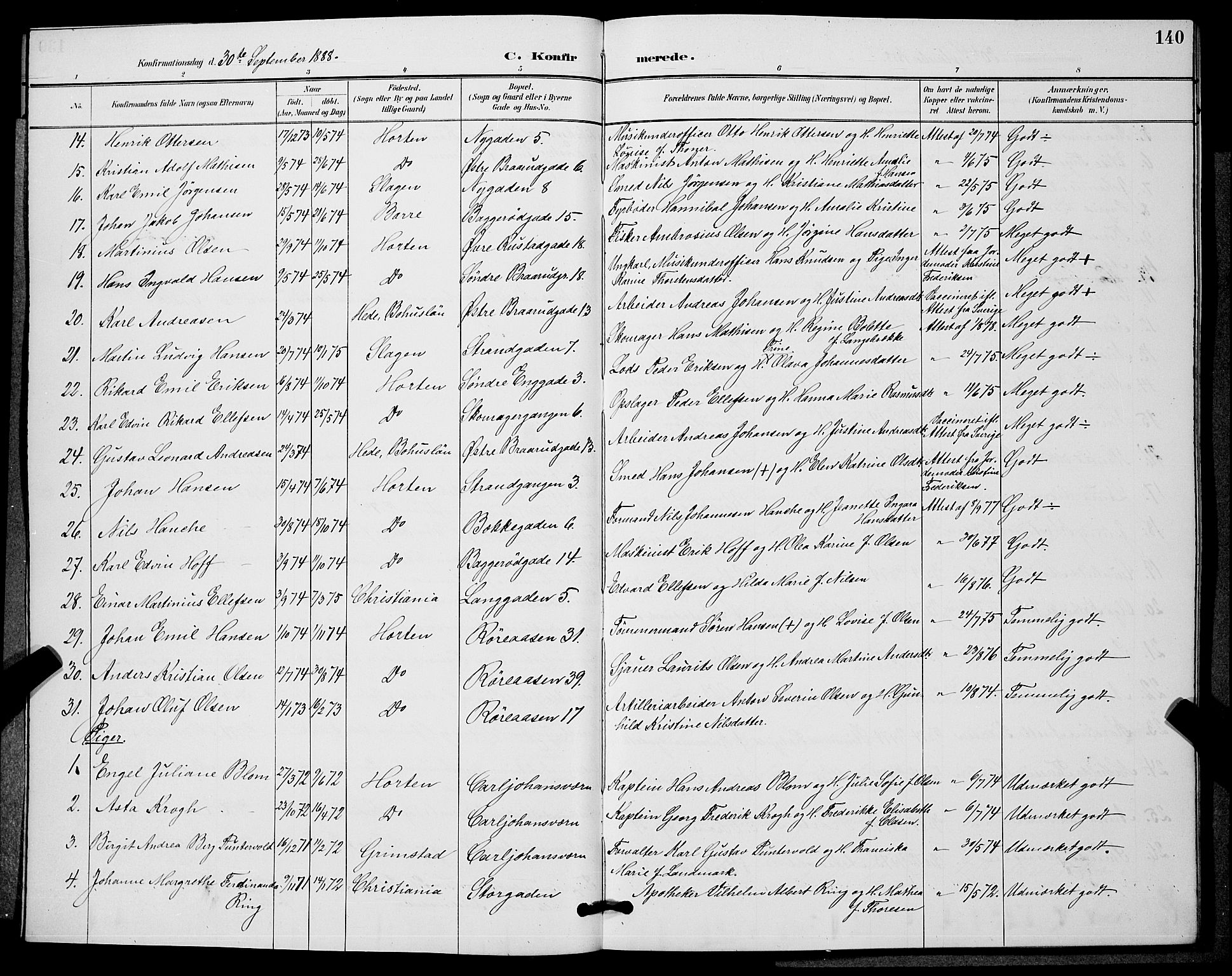 Horten kirkebøker, AV/SAKO-A-348/G/Ga/L0005: Parish register (copy) no. 5, 1888-1895, p. 140