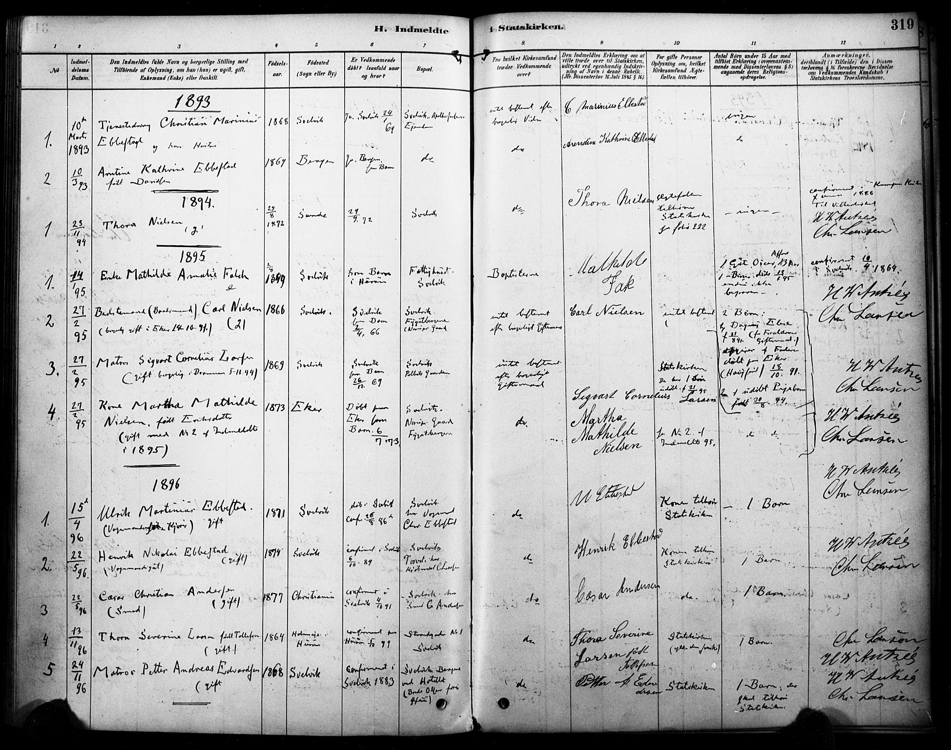 Strømm kirkebøker, AV/SAKO-A-322/F/Fb/L0001: Parish register (official) no. II 1, 1878-1899, p. 319