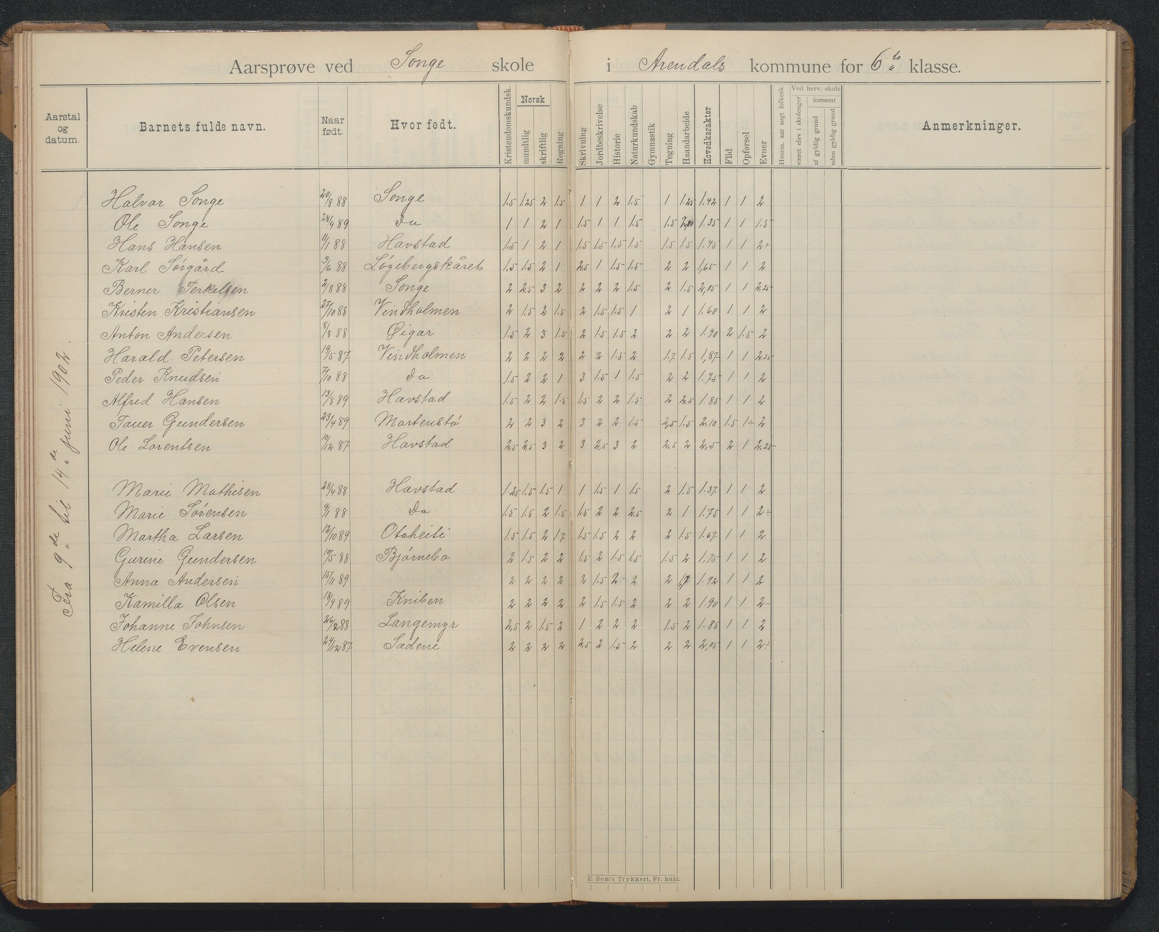 Arendal kommune, Katalog I, AAKS/KA0906-PK-I/07/L0369: Årsprøveprotokoll, 1894-1903