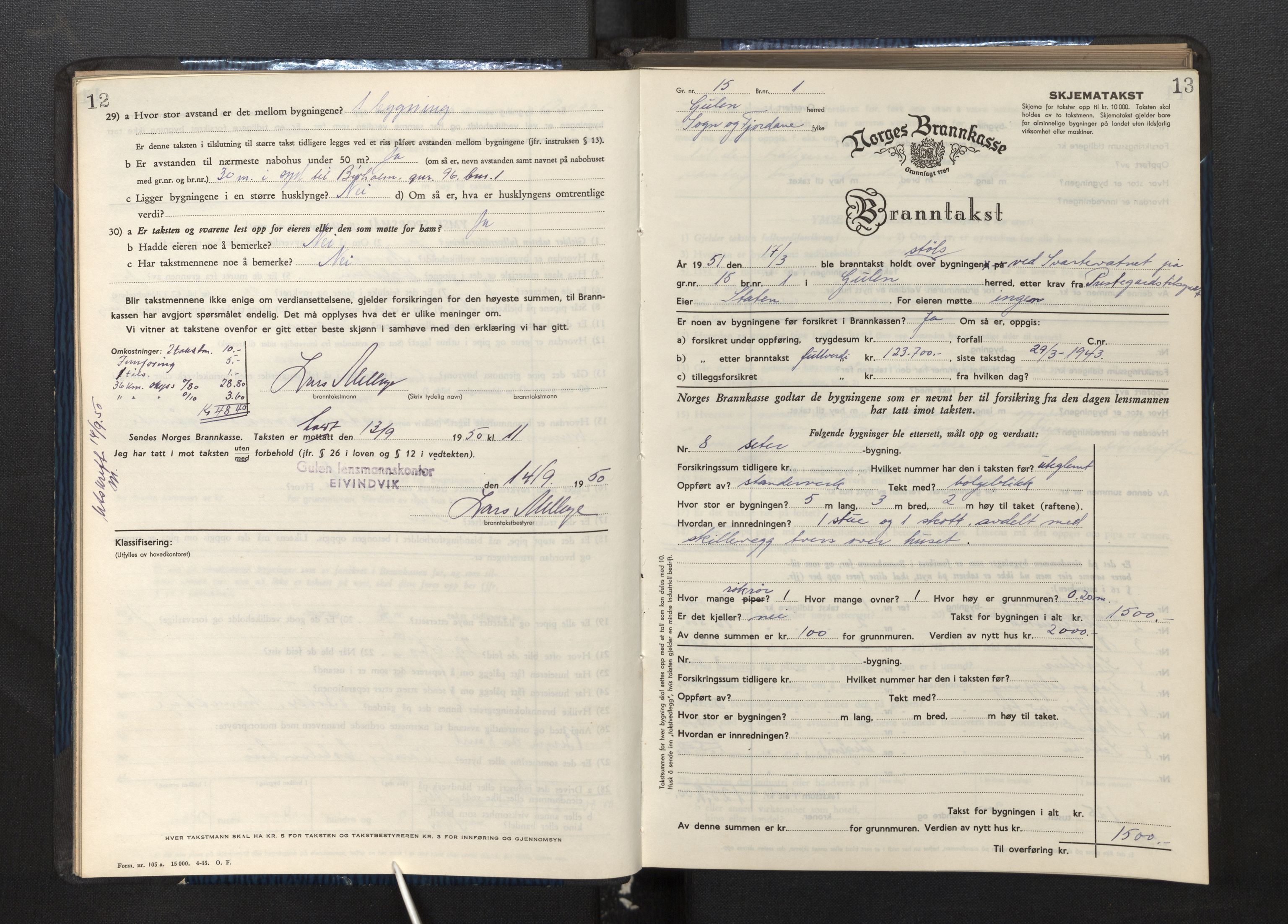 Lensmannen i Gulen, SAB/A-27901/0012/L0004: Branntakstprotokoll skjematakst, 1948-1954, p. 12-13