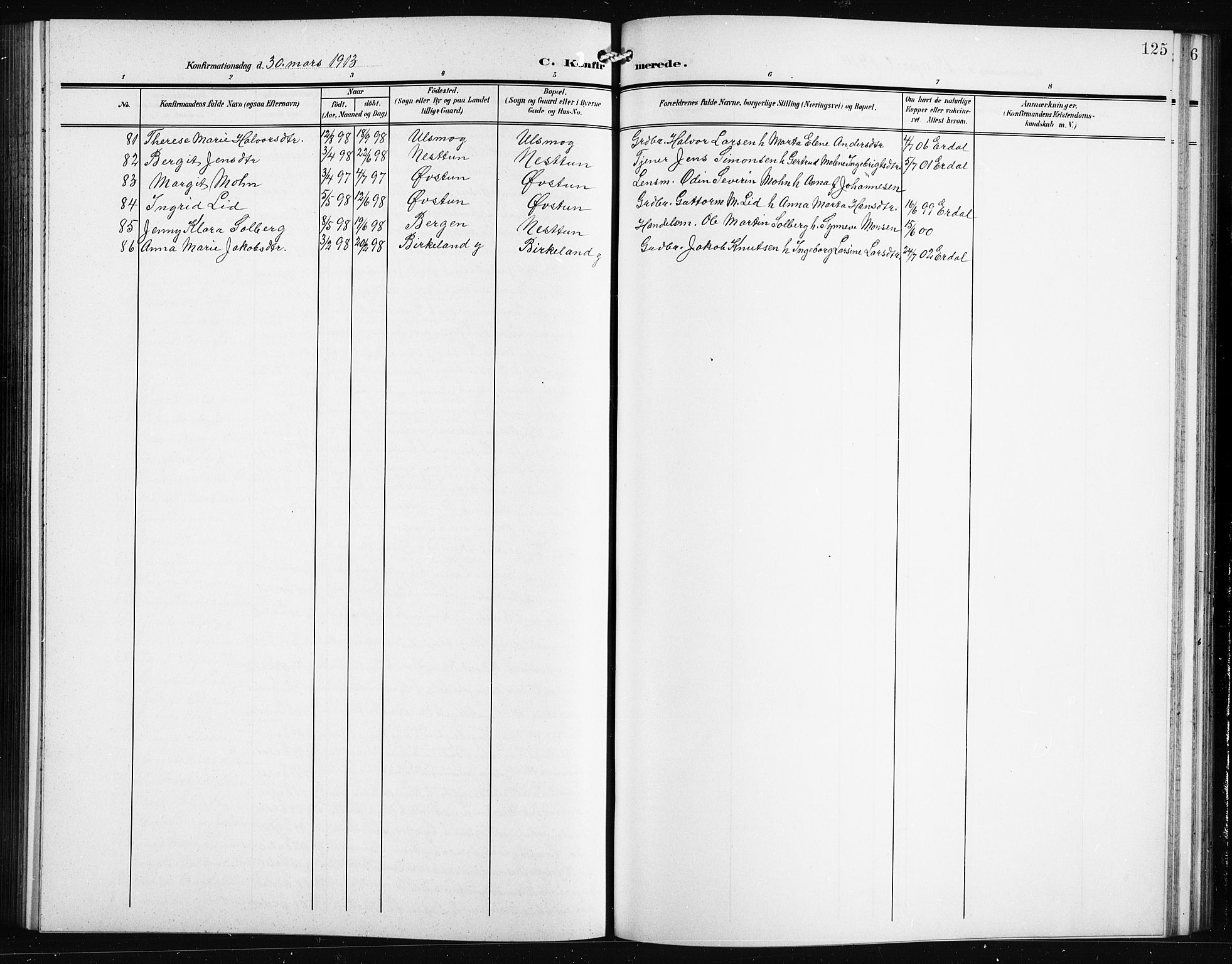 Birkeland Sokneprestembete, AV/SAB-A-74601/H/Hab: Parish register (copy) no. A 6, 1906-1915, p. 125