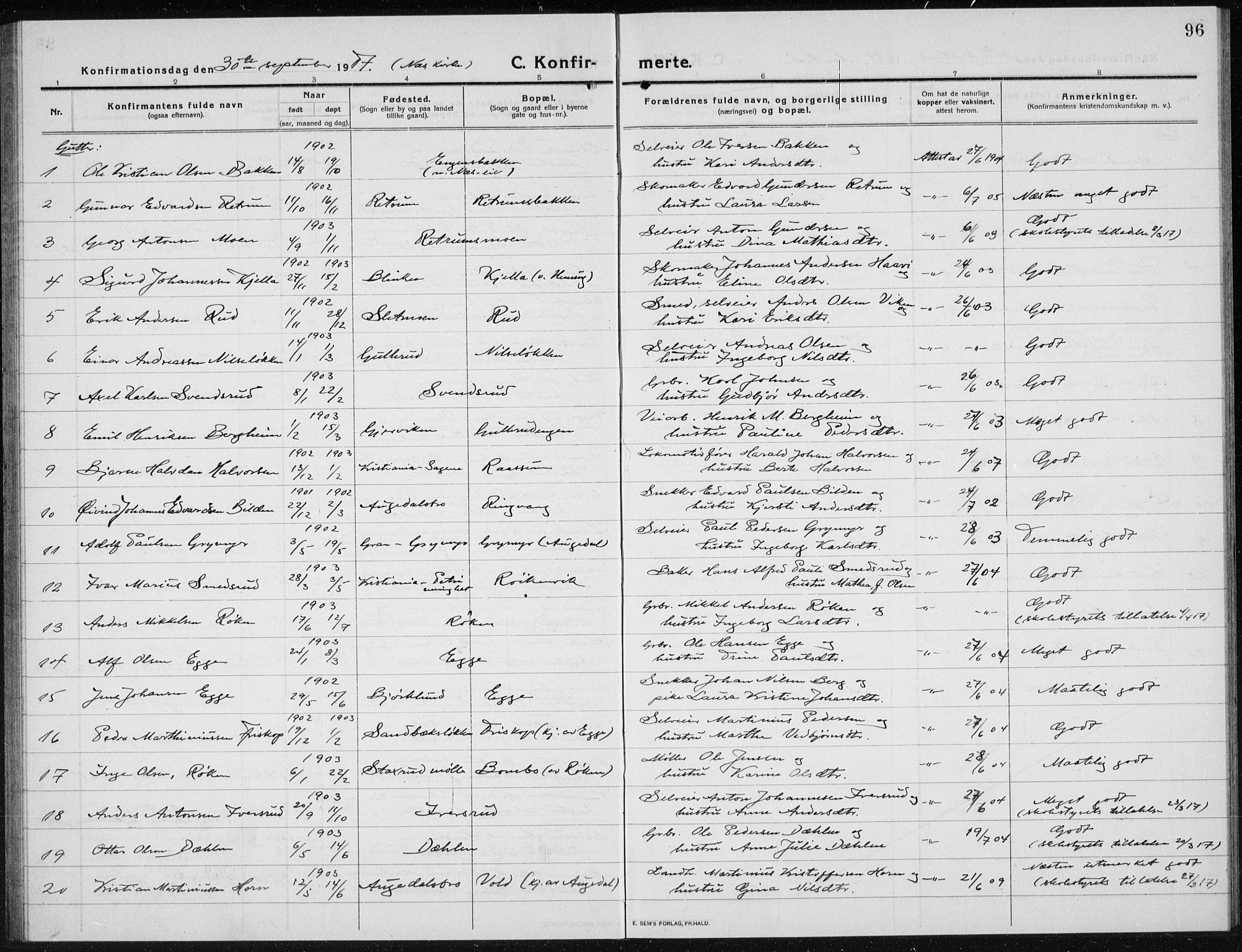 Brandbu prestekontor, SAH/PREST-114/H/Ha/Hab/L0001: Parish register (copy) no. 1, 1914-1937, p. 96