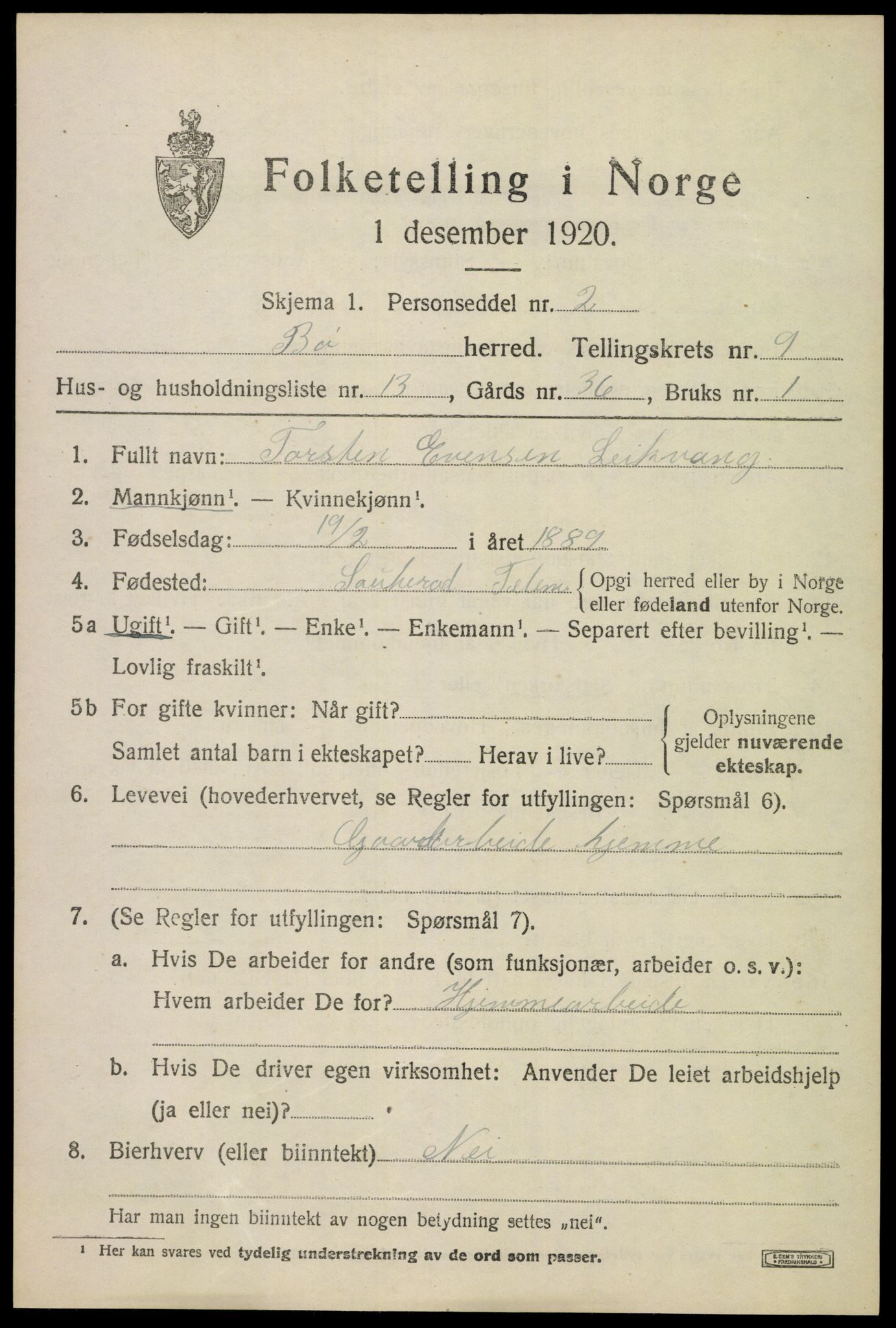 SAKO, 1920 census for Bø (Telemark), 1920, p. 6546