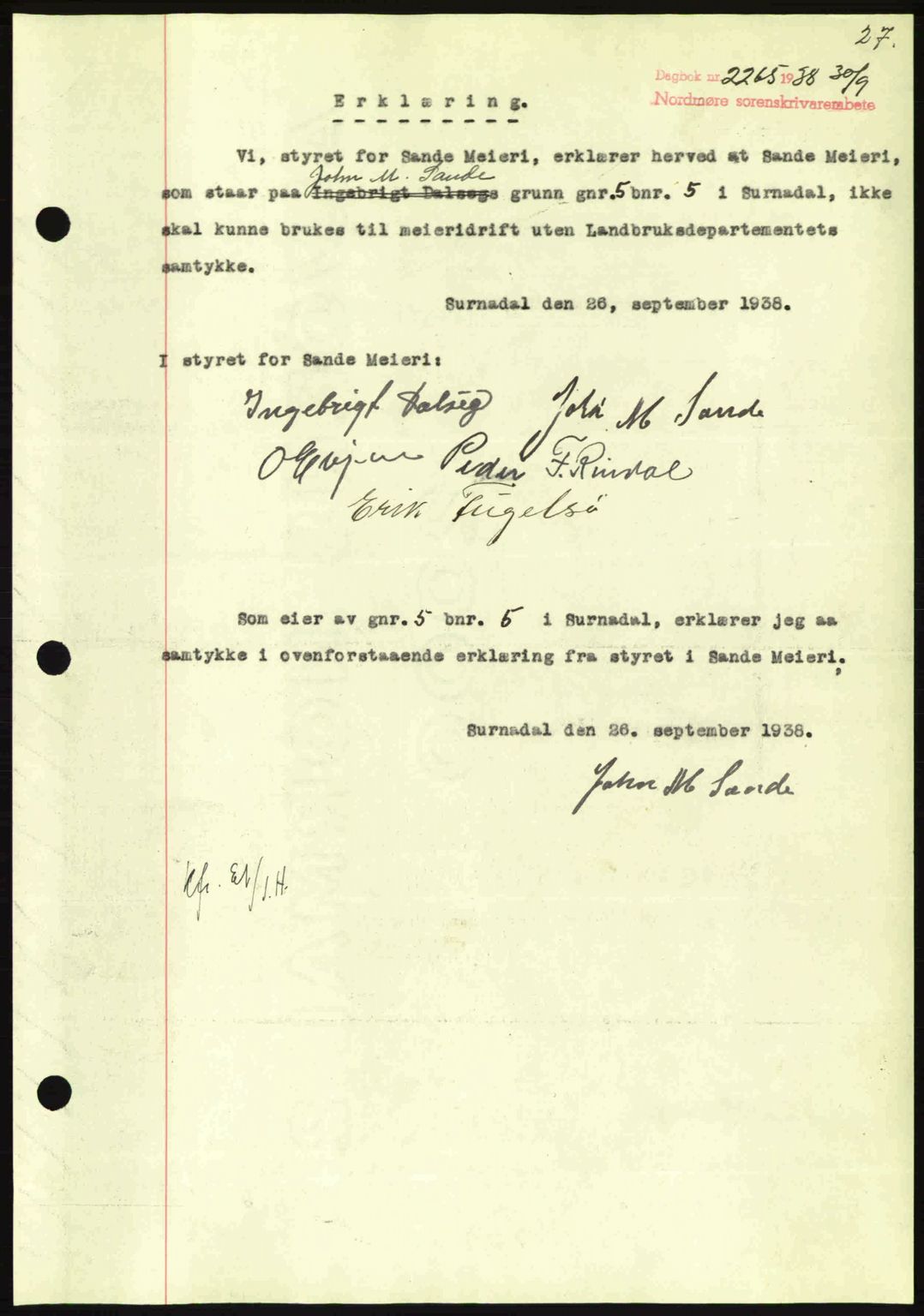 Nordmøre sorenskriveri, SAT/A-4132/1/2/2Ca: Mortgage book no. B84, 1938-1939, Diary no: : 2265/1938