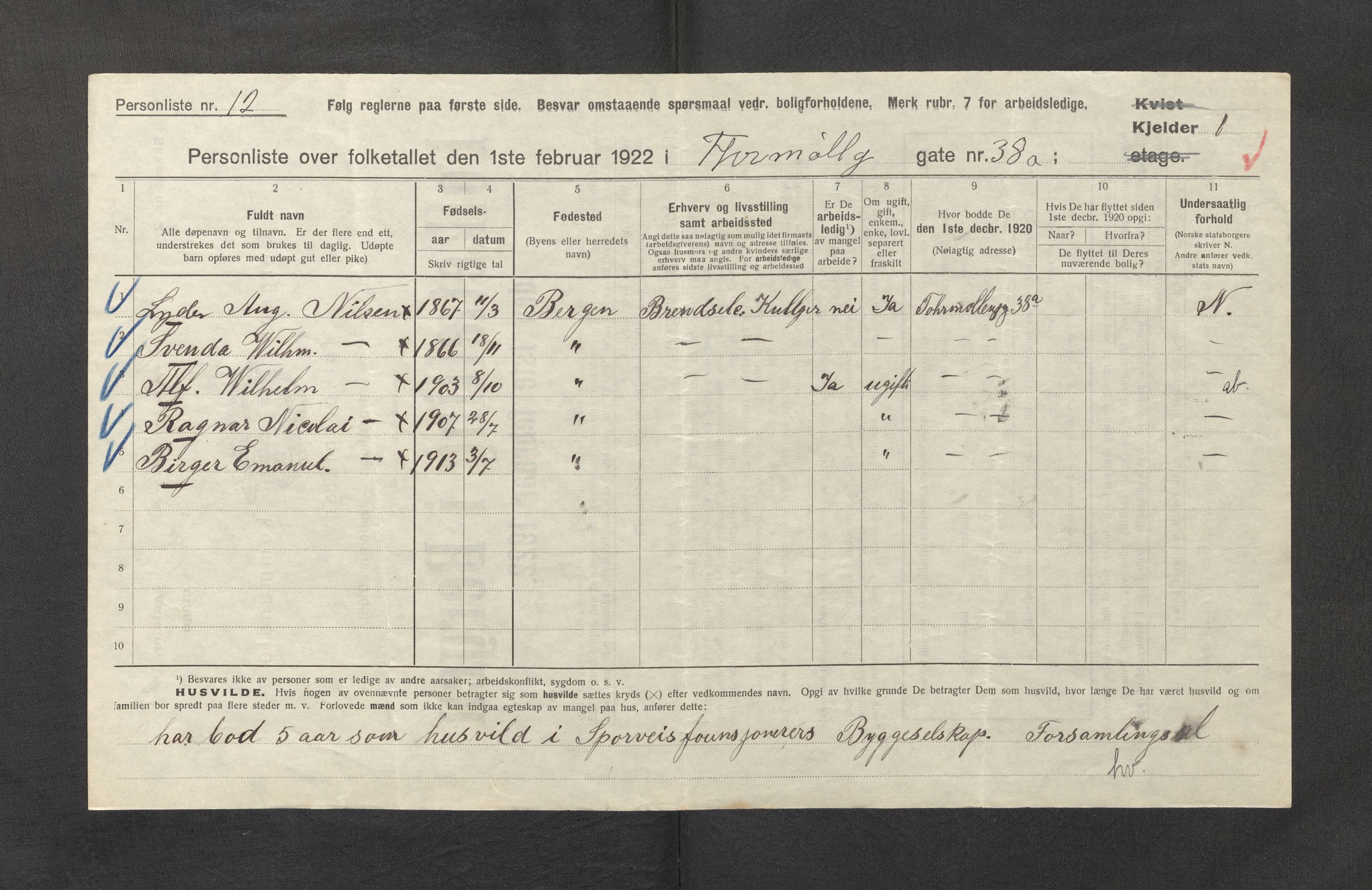 SAB, Municipal Census 1922 for Bergen, 1922, p. 43662