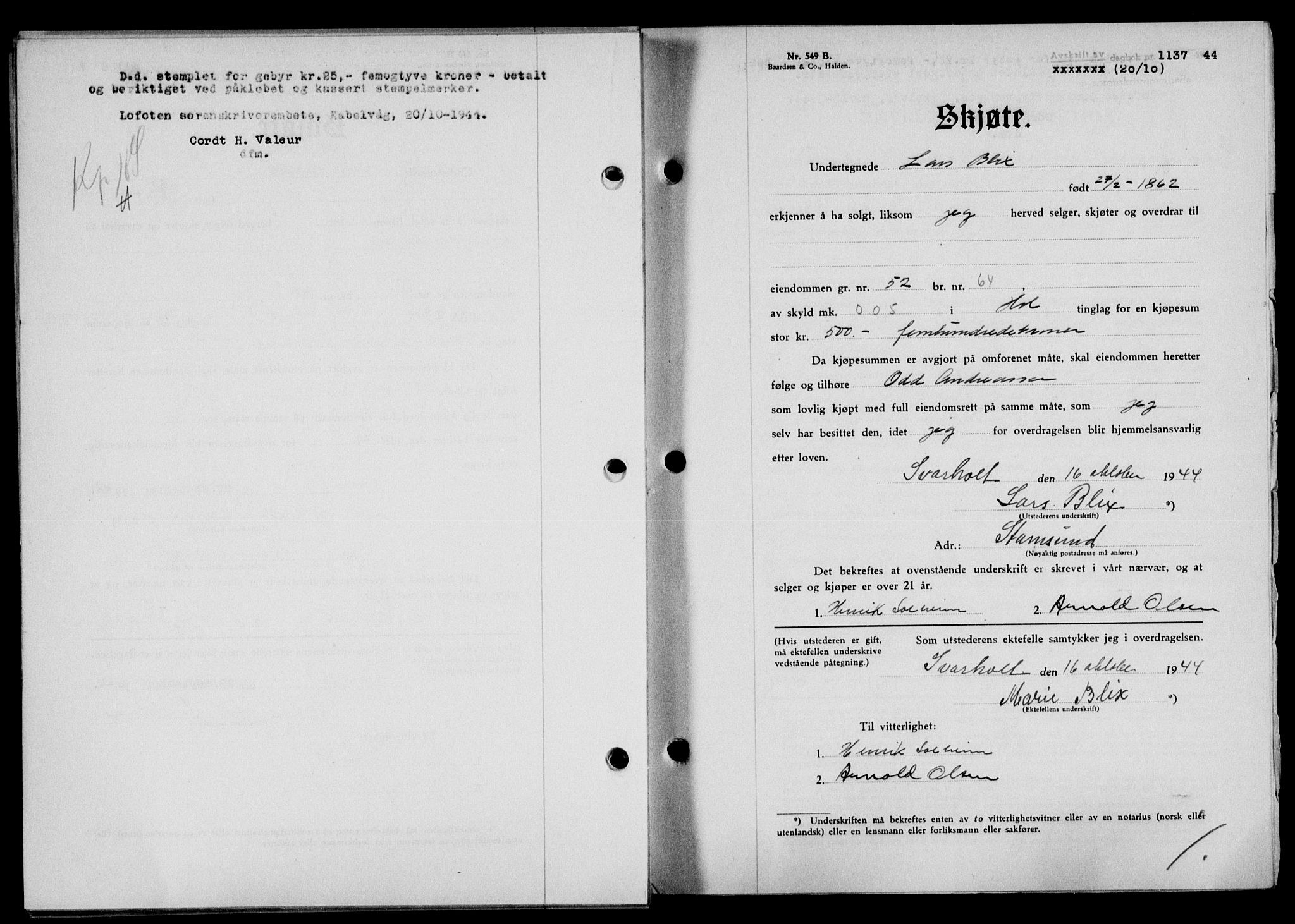 Lofoten sorenskriveri, SAT/A-0017/1/2/2C/L0012a: Mortgage book no. 12a, 1943-1944, Diary no: : 1137/1944