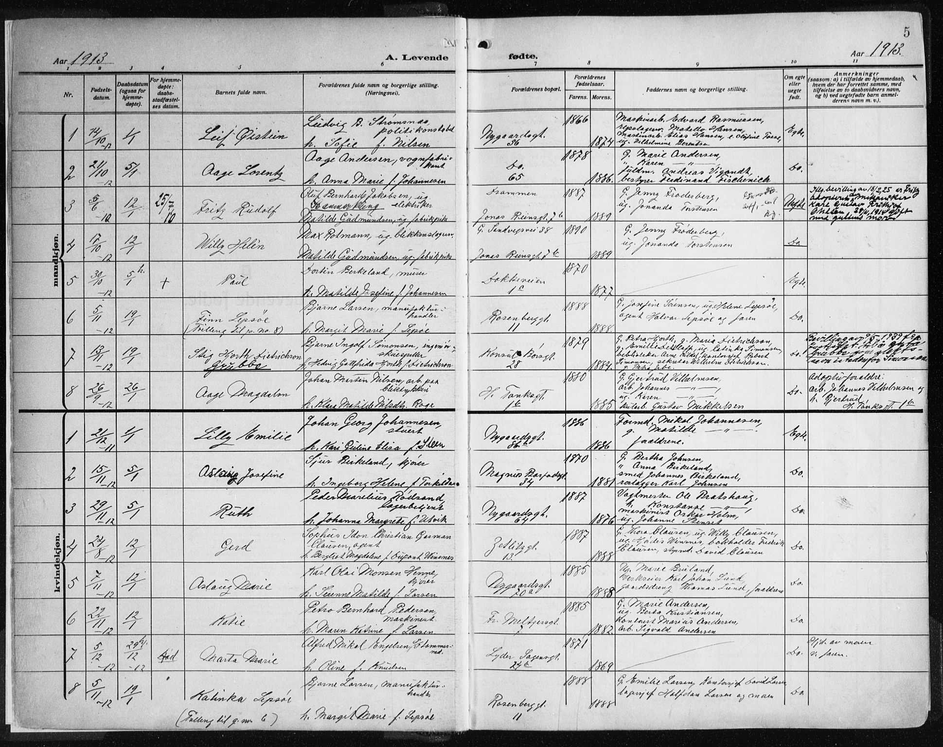 Johanneskirken sokneprestembete, AV/SAB-A-76001/H/Haa: Parish register (official) no. A 3, 1913-1934, p. 5