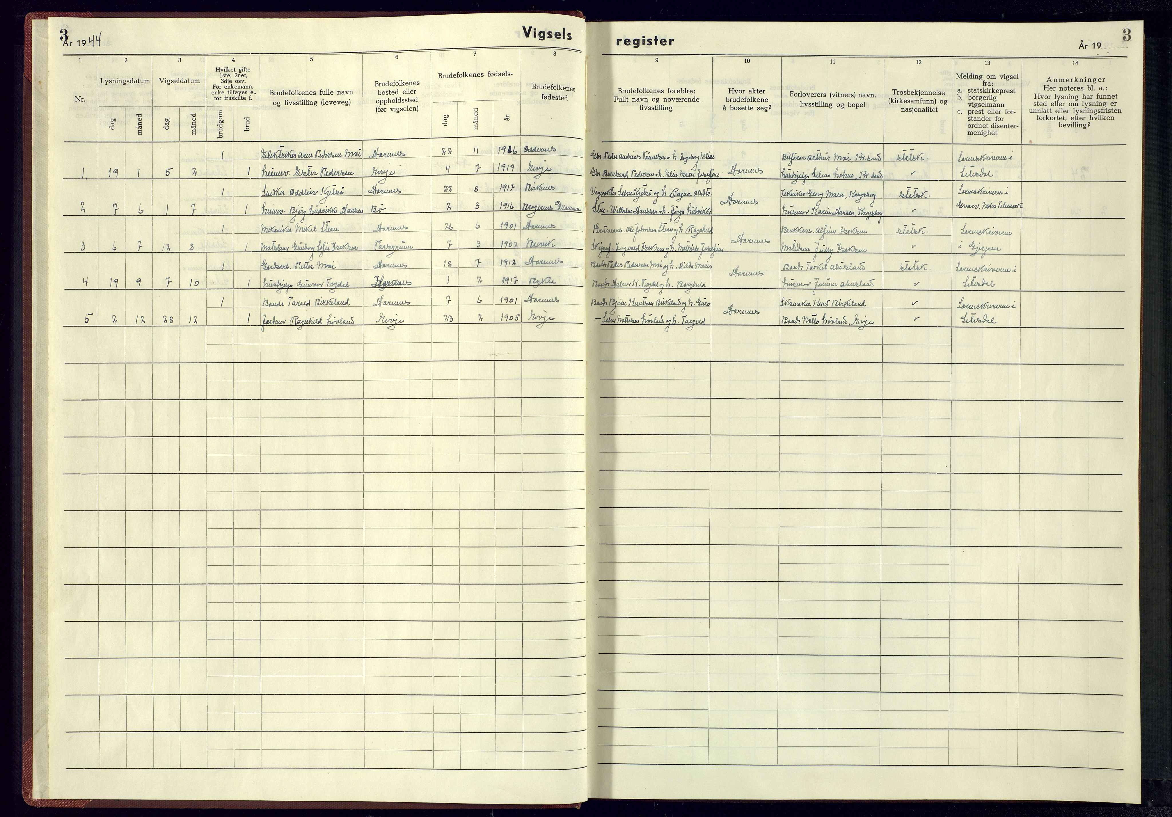 Evje sokneprestkontor, SAK/1111-0008/J/Je/L0005: Marriage register no. II.6.5, 1942-1945, p. 3