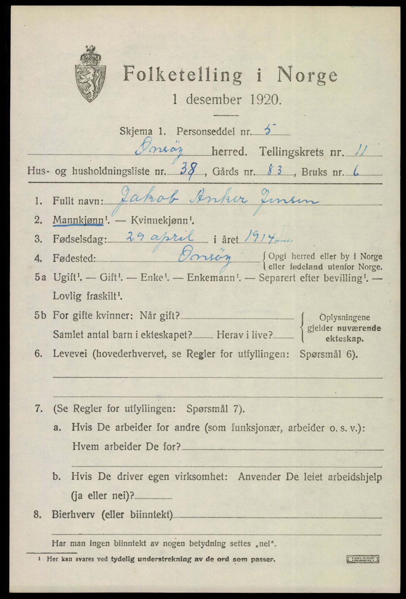 SAO, 1920 census for Onsøy, 1920, p. 14760