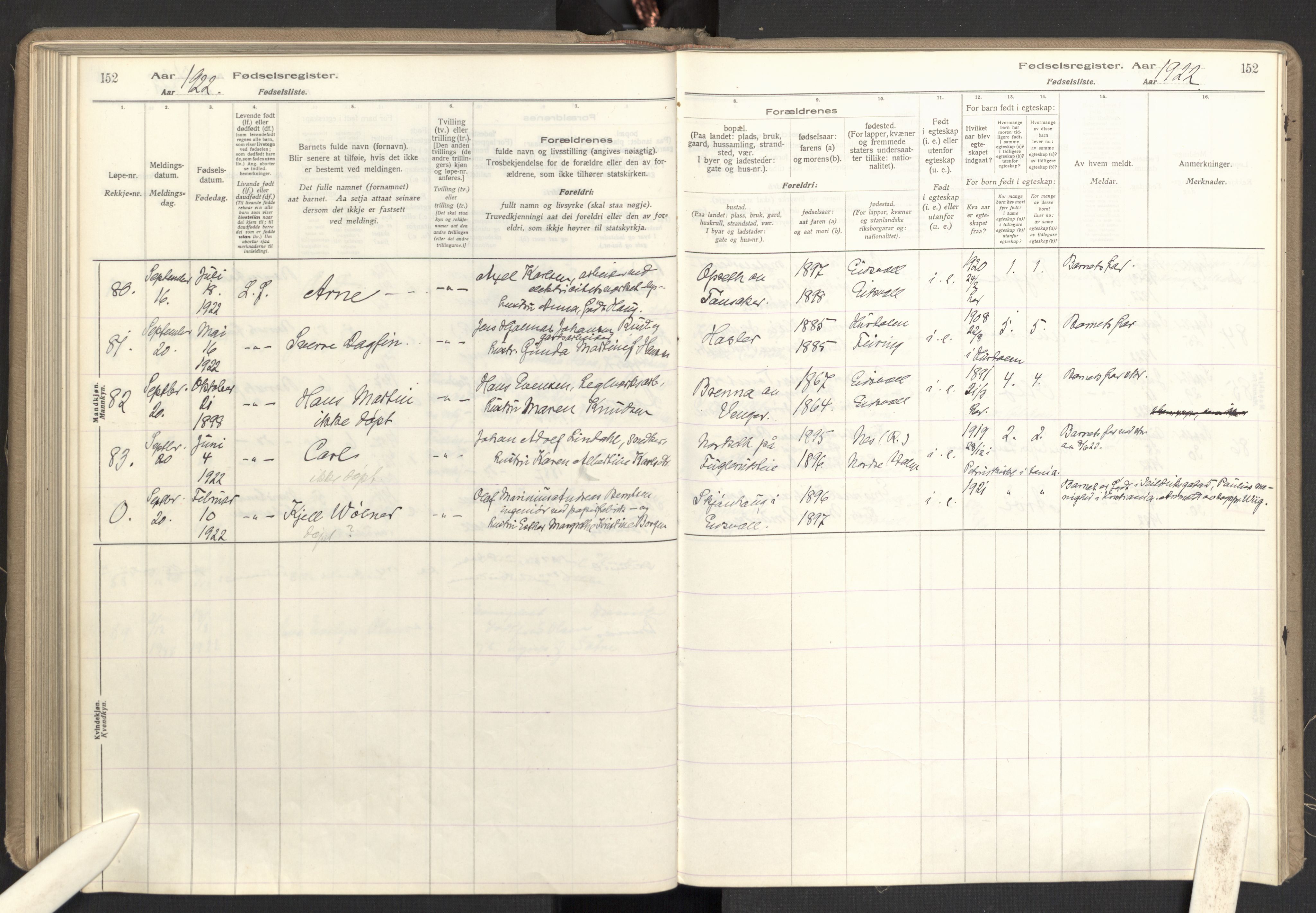 Eidsvoll prestekontor Kirkebøker, AV/SAO-A-10888/J/Ja/L0001: Birth register no. I 1, 1916-1924, p. 152