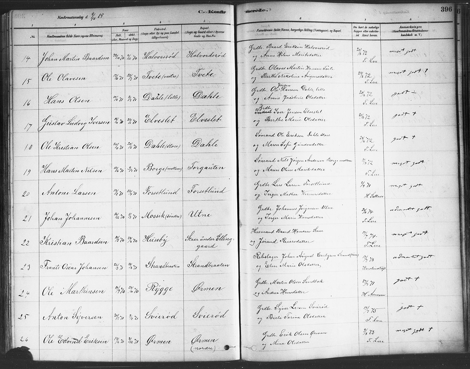 Onsøy prestekontor Kirkebøker, SAO/A-10914/F/Fa/L0005: Parish register (official) no. I 5, 1878-1898, p. 396