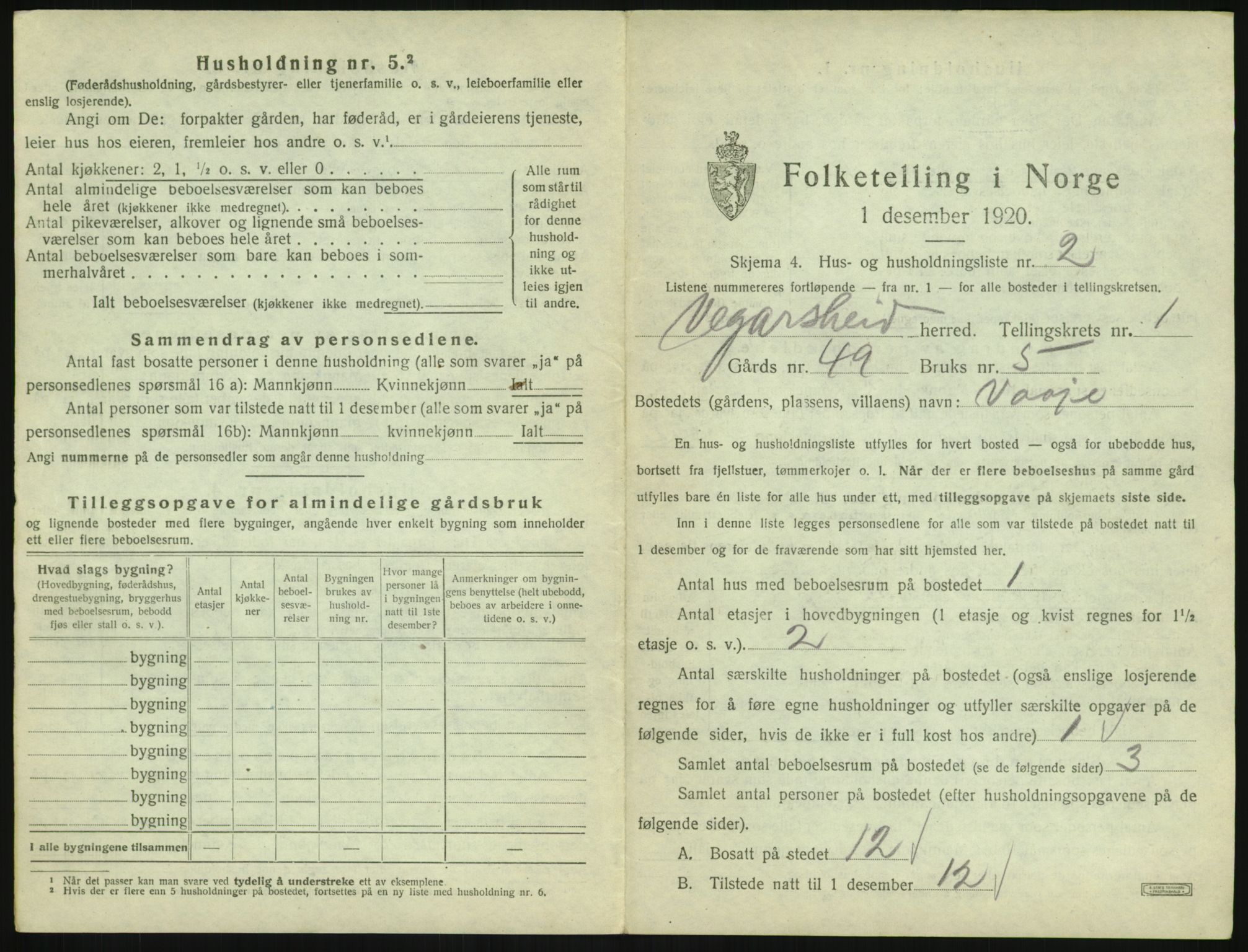 SAK, 1920 census for Vegårshei, 1920, p. 54