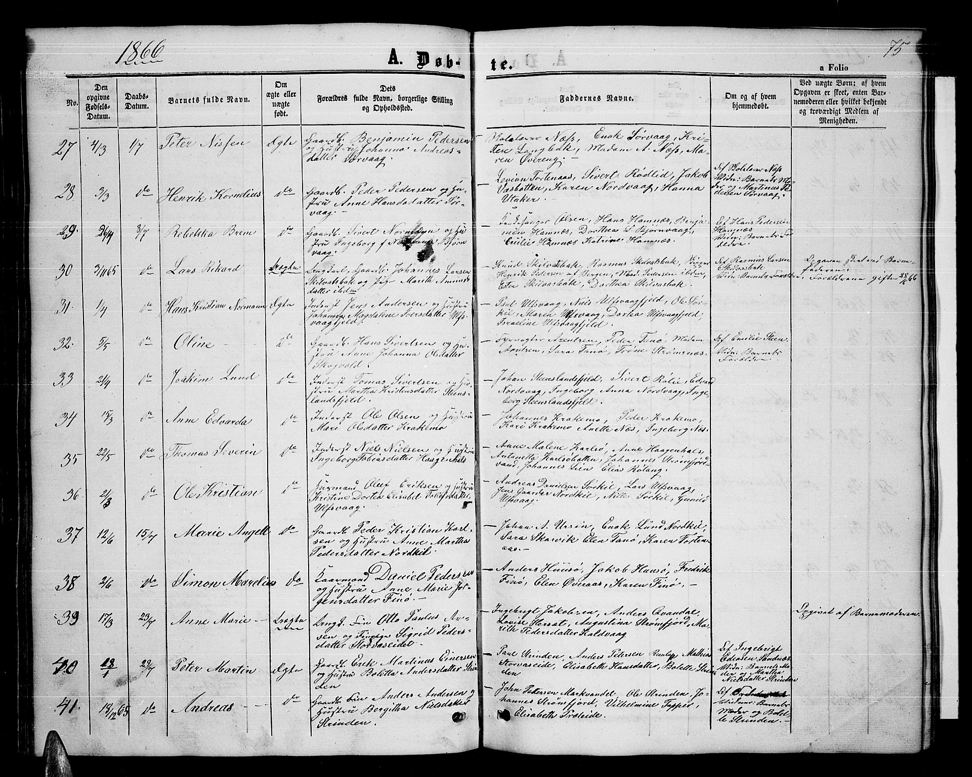 Ministerialprotokoller, klokkerbøker og fødselsregistre - Nordland, AV/SAT-A-1459/859/L0857: Parish register (copy) no. 859C03, 1854-1873, p. 75