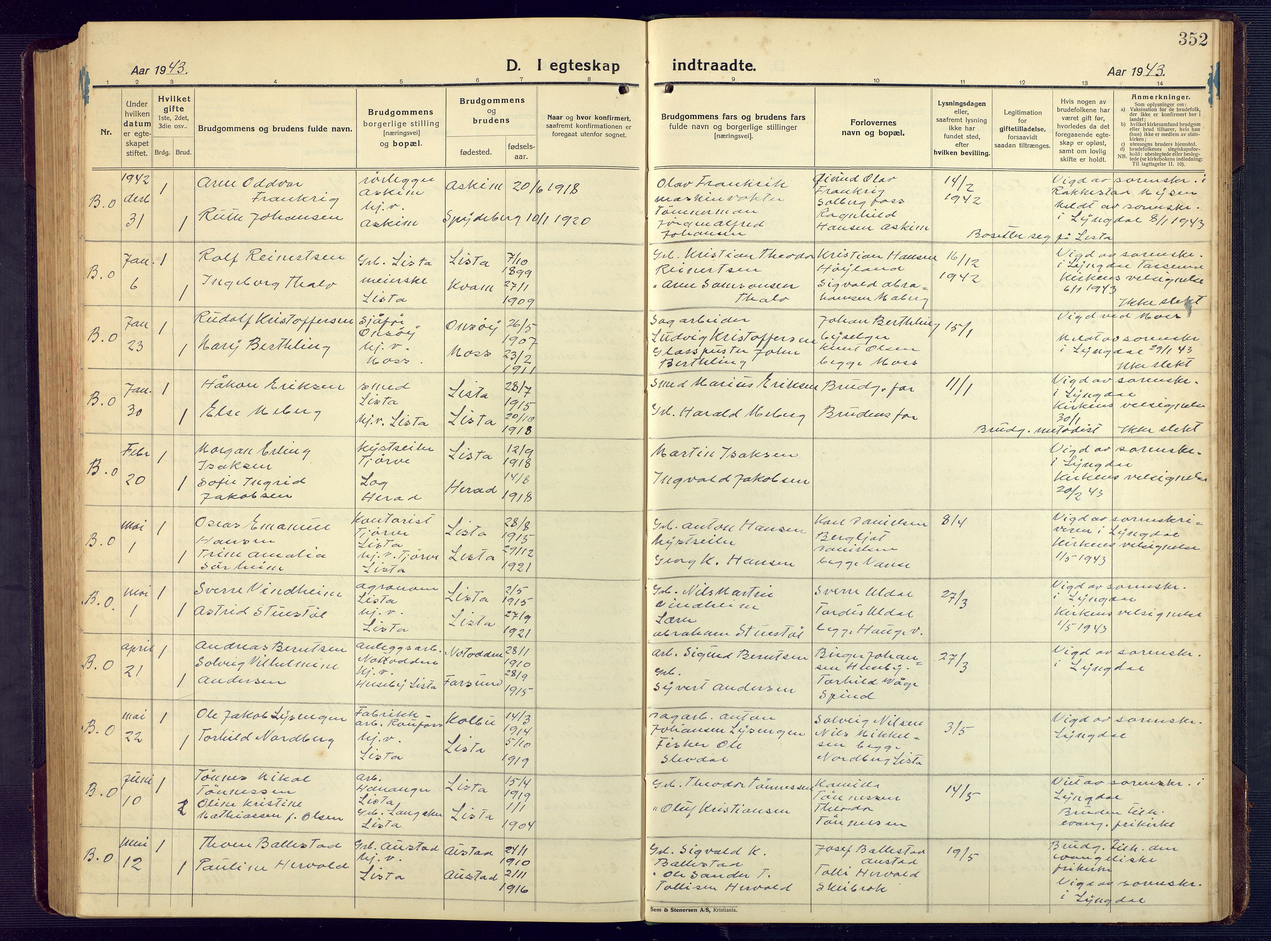 Lista sokneprestkontor, SAK/1111-0027/F/Fb/L0006: Parish register (copy) no. B 6, 1924-1947, p. 352