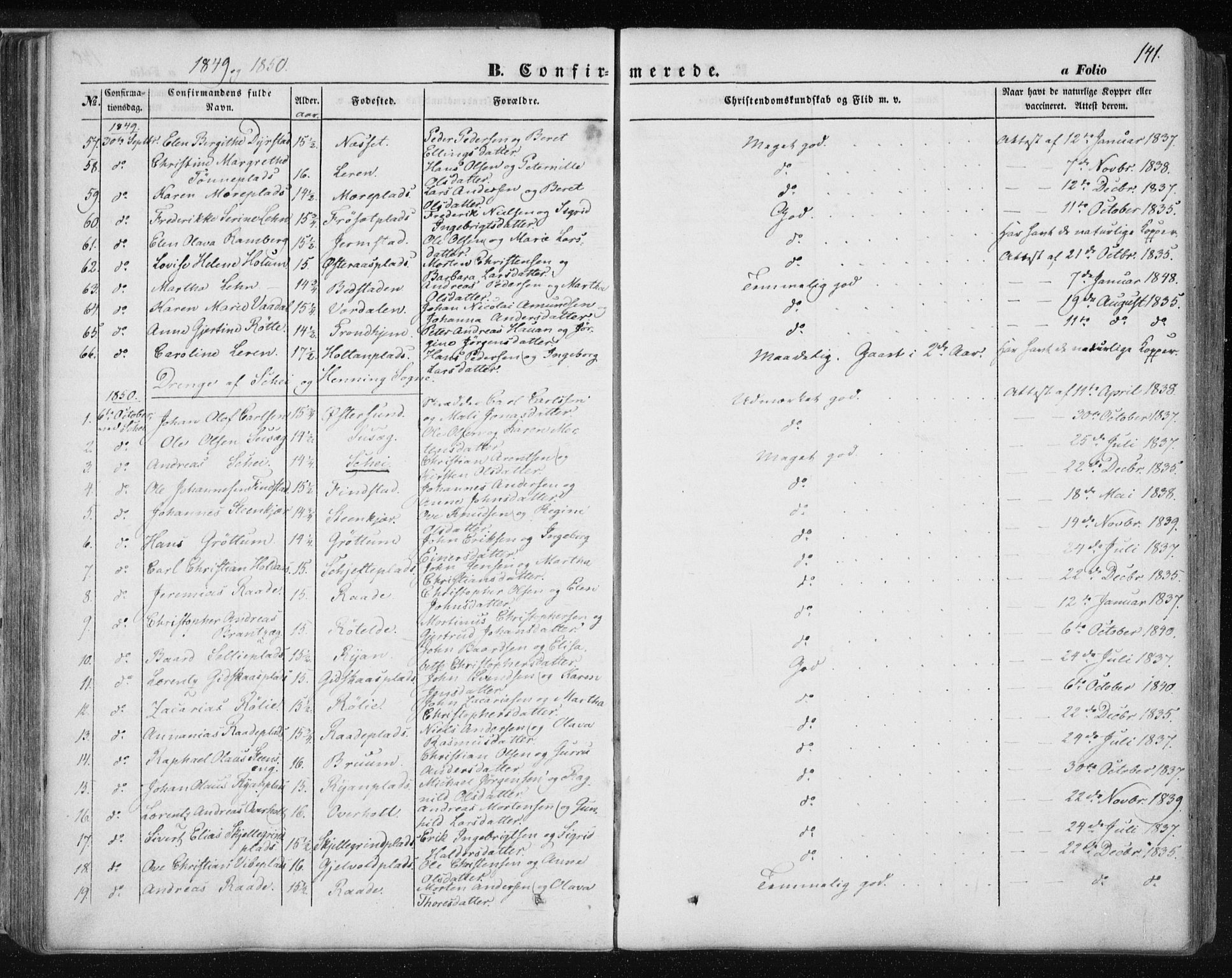 Ministerialprotokoller, klokkerbøker og fødselsregistre - Nord-Trøndelag, SAT/A-1458/735/L0342: Parish register (official) no. 735A07 /1, 1849-1862, p. 141
