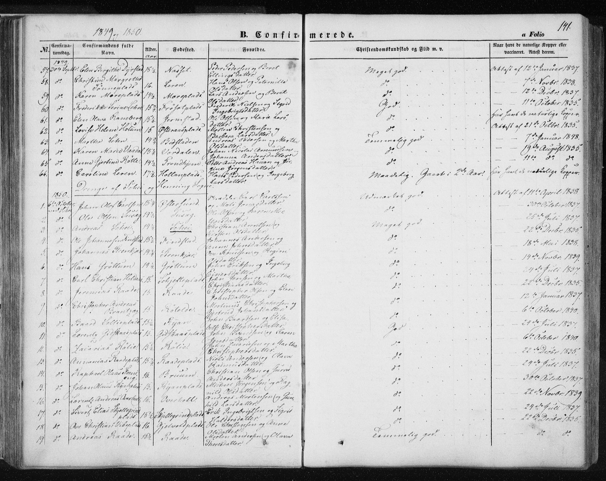 Ministerialprotokoller, klokkerbøker og fødselsregistre - Nord-Trøndelag, AV/SAT-A-1458/735/L0342: Parish register (official) no. 735A07 /1, 1849-1862, p. 141