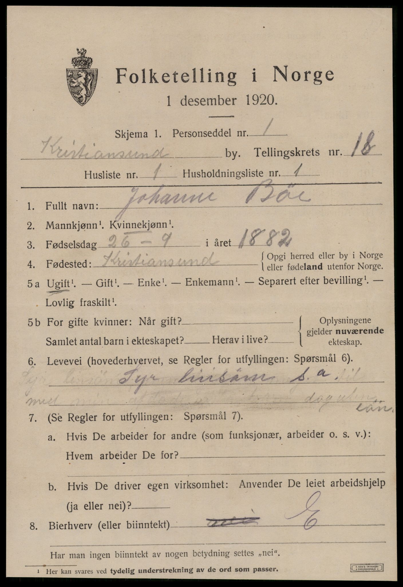 SAT, 1920 census for Kristiansund, 1920, p. 36969