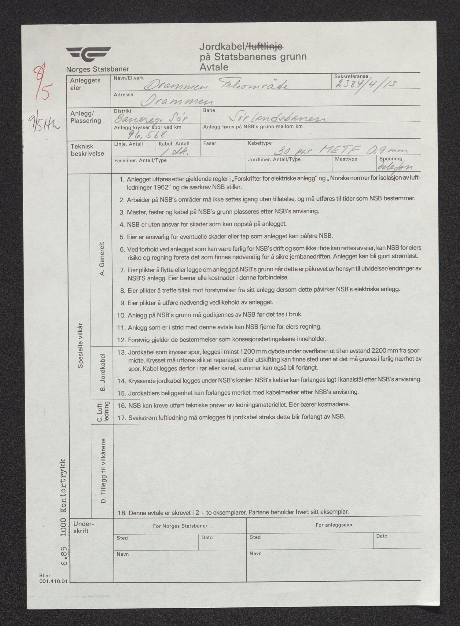 Norges Statsbaner Drammen distrikt (NSB), AV/SAKO-A-30/F/Fe/Fed/L0055/0001: Elektroarkiv / Televerkets kryssinger og nærføringer - Sørlandsbanen, 1982-1990, p. 8