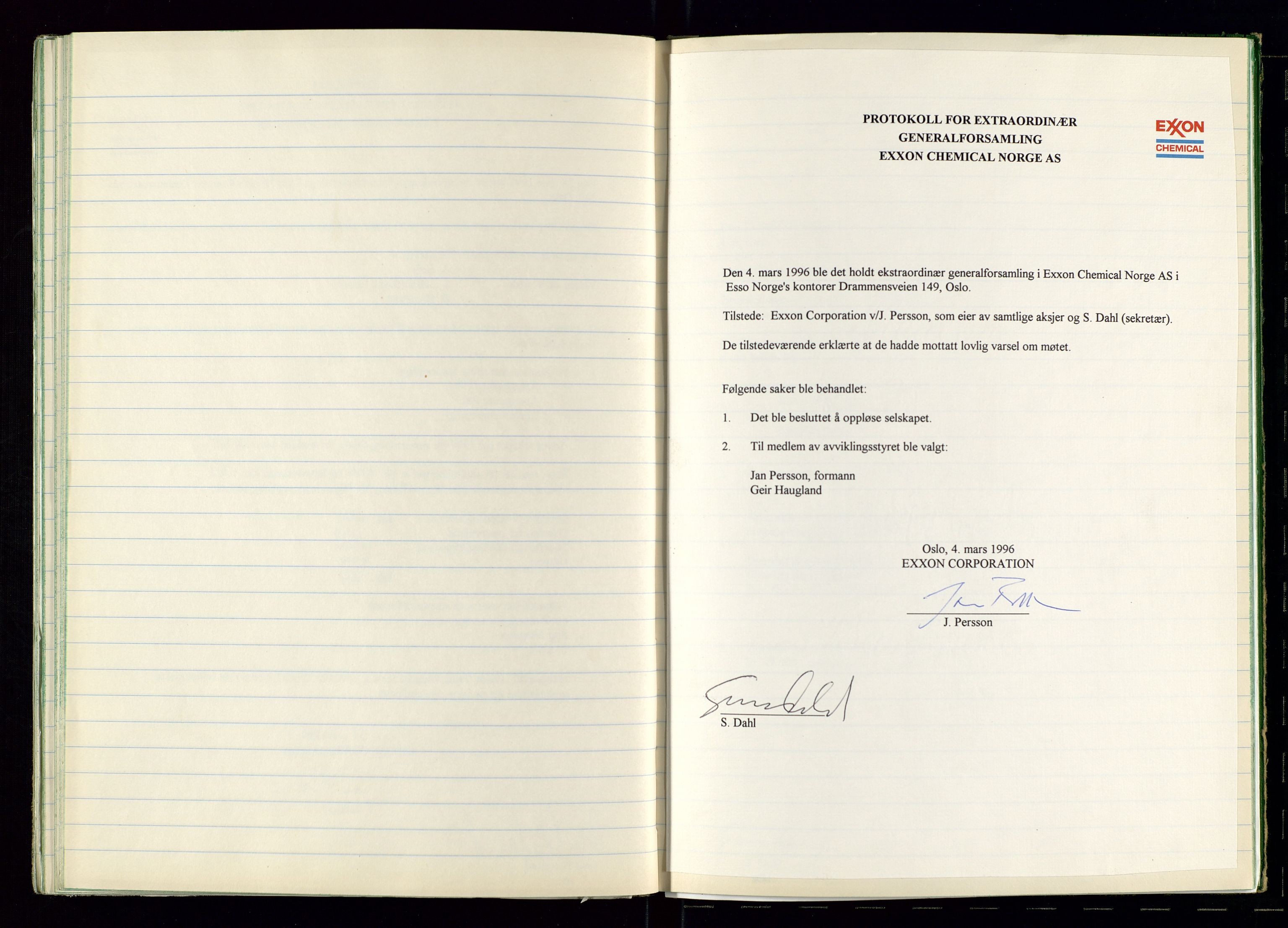 PA 1538 - Exxon Chemical Norge A/S, AV/SAST-A-101958/A/Aa/L0001/0002: Generalforsamlinger og styreprotokoller / Protokoll for generalforsamlinger, 1966-1996