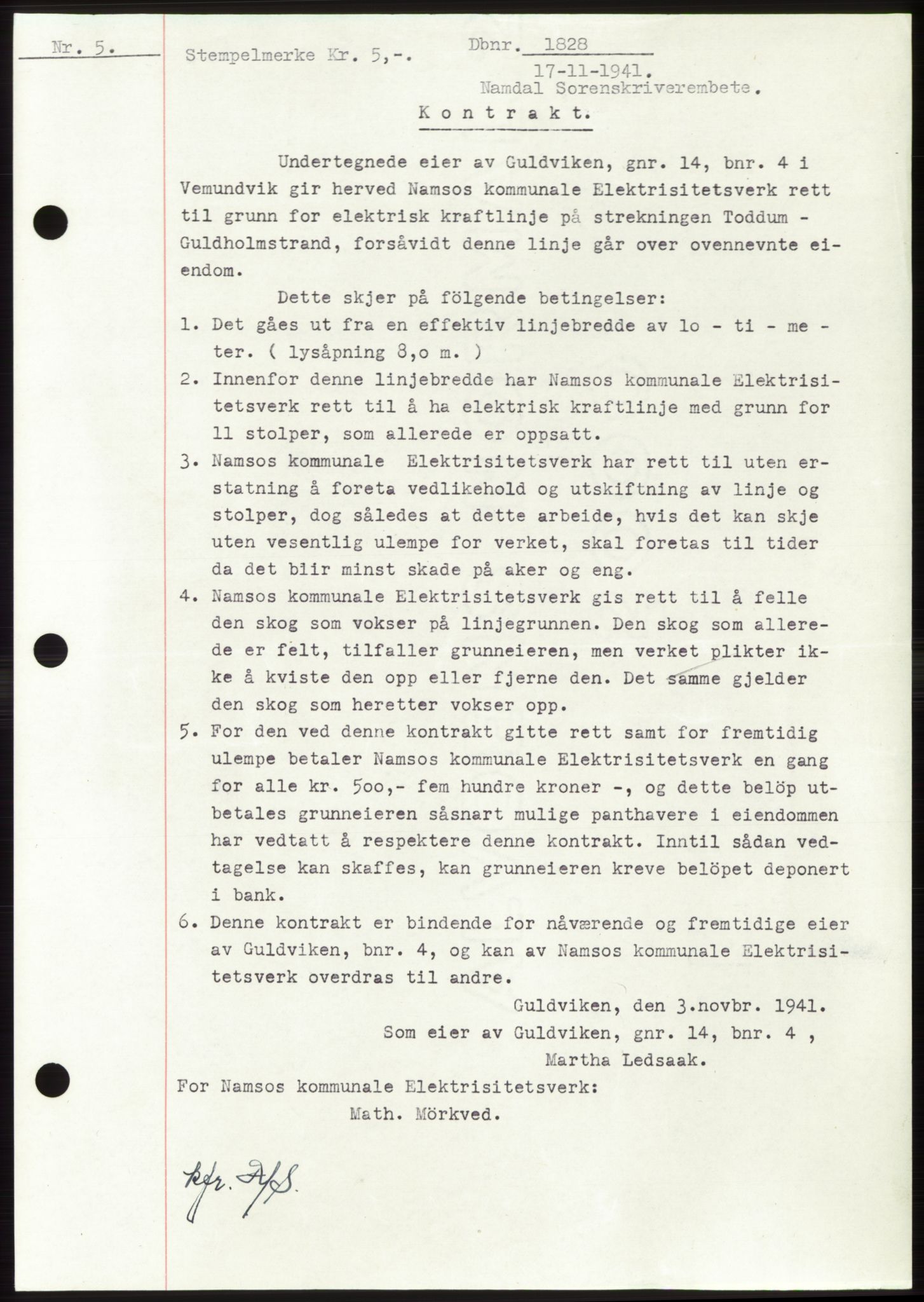 Namdal sorenskriveri, SAT/A-4133/1/2/2C: Mortgage book no. -, 1941-1942, Diary no: : 1828/1941
