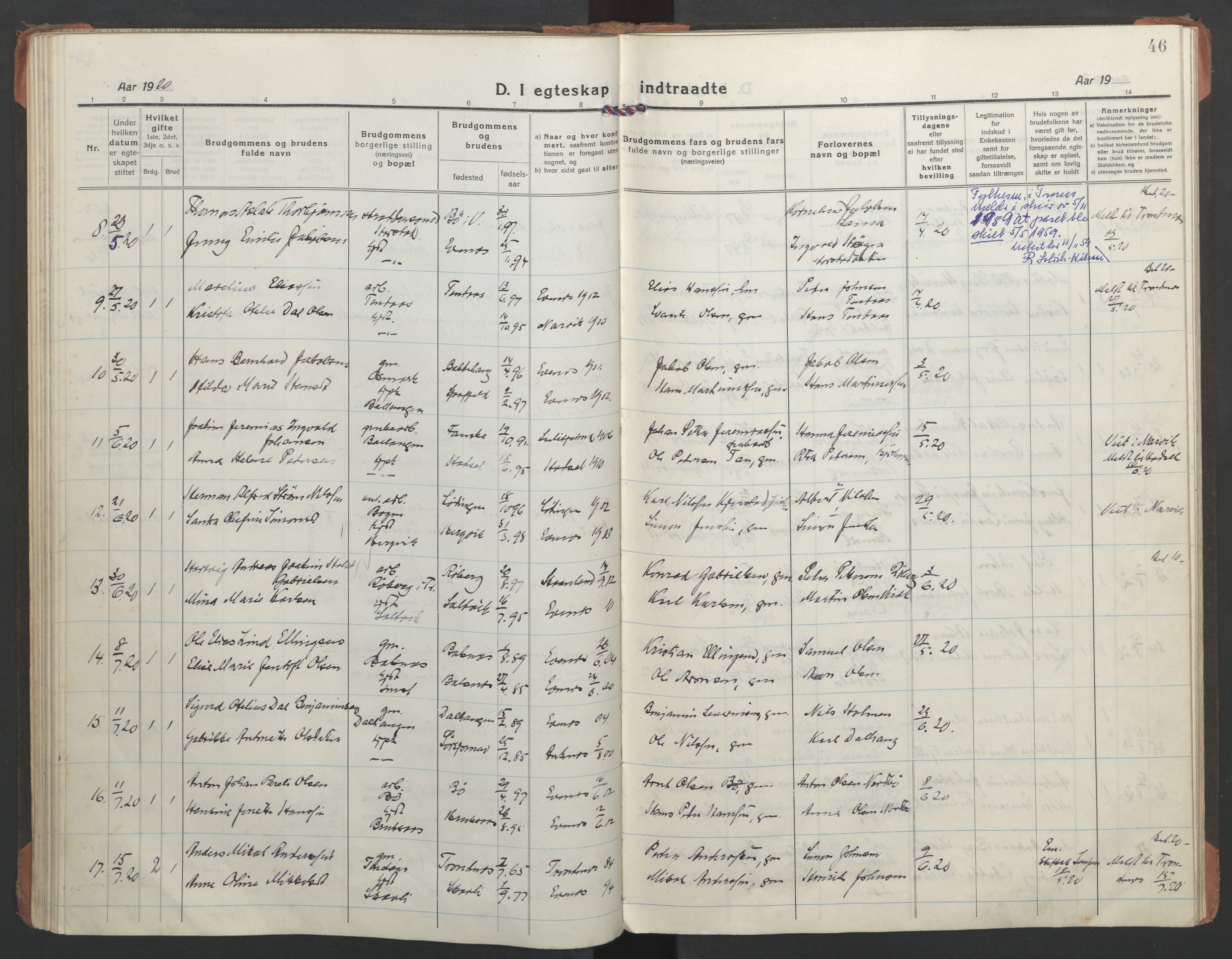 Ministerialprotokoller, klokkerbøker og fødselsregistre - Nordland, AV/SAT-A-1459/863/L0902: Parish register (official) no. 863A14, 1906-1937, p. 46