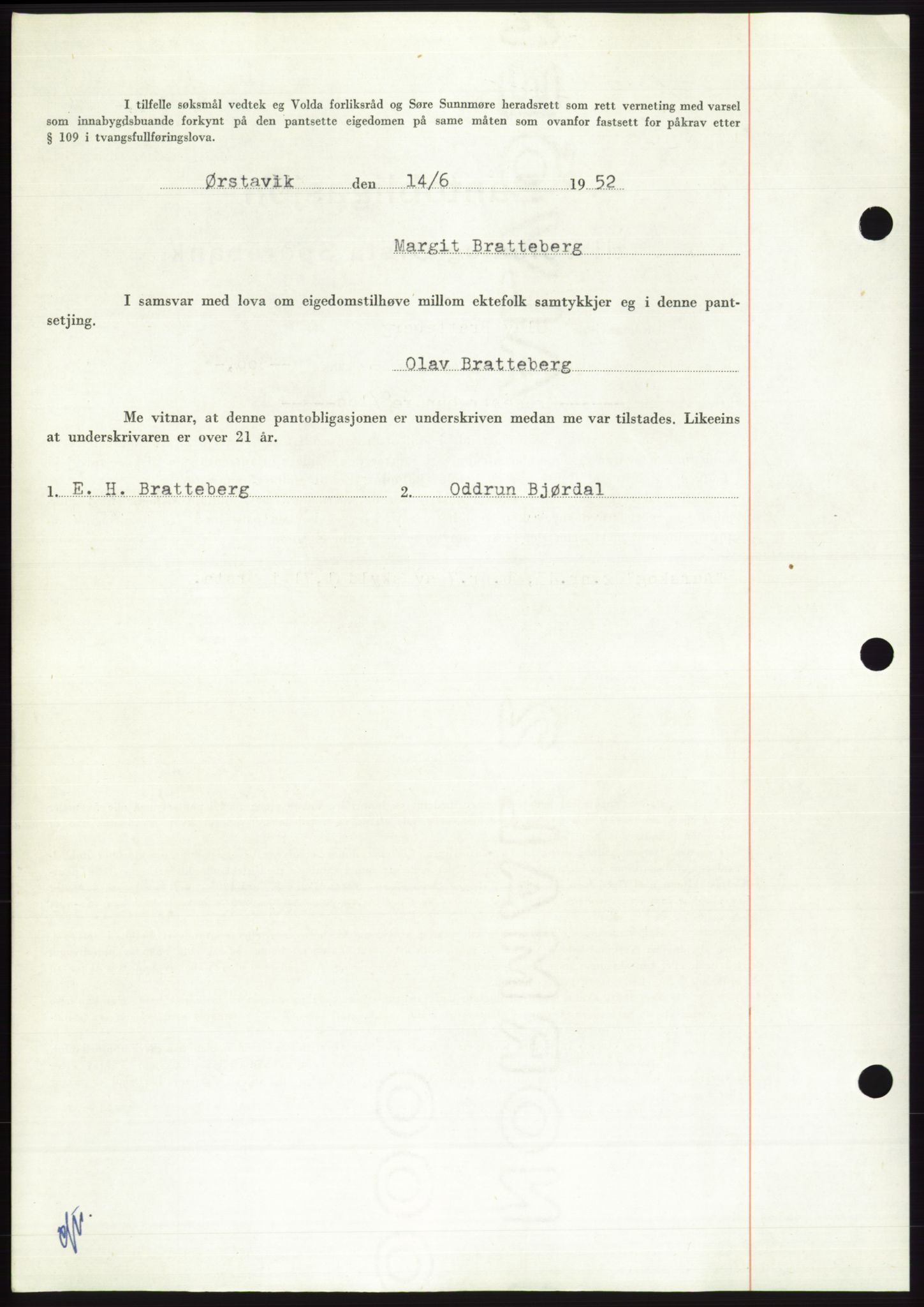Søre Sunnmøre sorenskriveri, AV/SAT-A-4122/1/2/2C/L0092: Mortgage book no. 18A, 1952-1952, Diary no: : 1180/1952