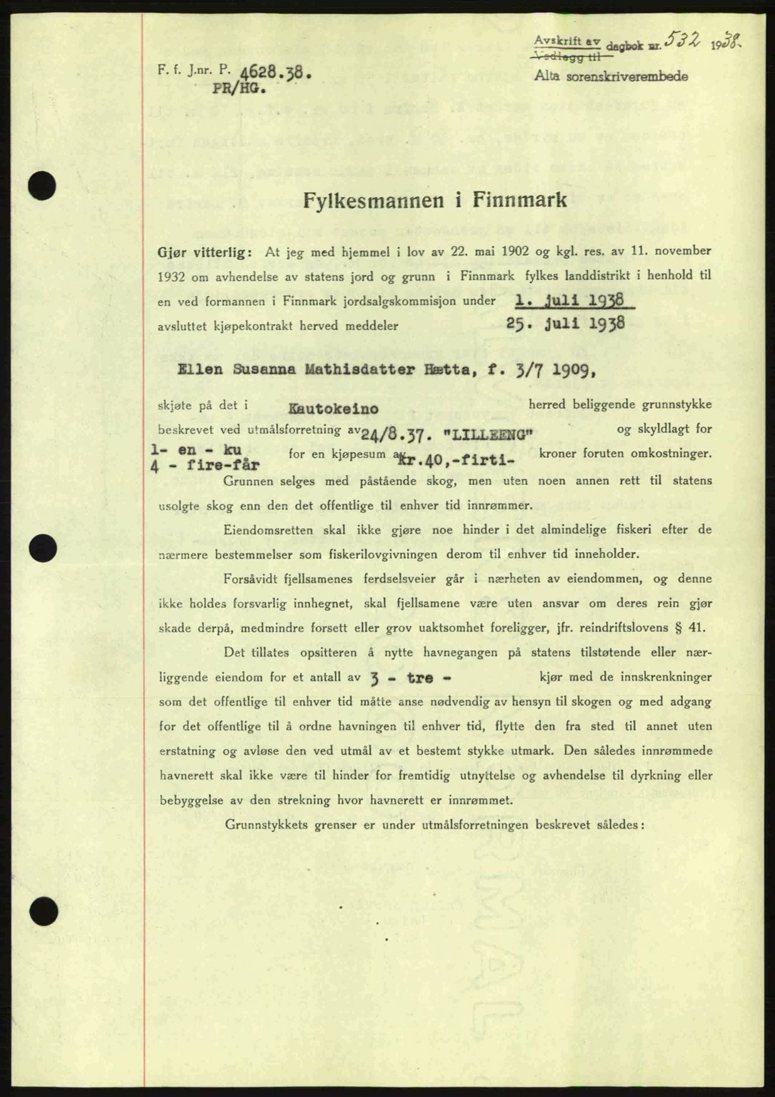 Alta fogderi/sorenskriveri, SATØ/SATØ-5/1/K/Kd/L0031pantebok: Mortgage book no. 31, 1938-1939, Diary no: : 532/1938