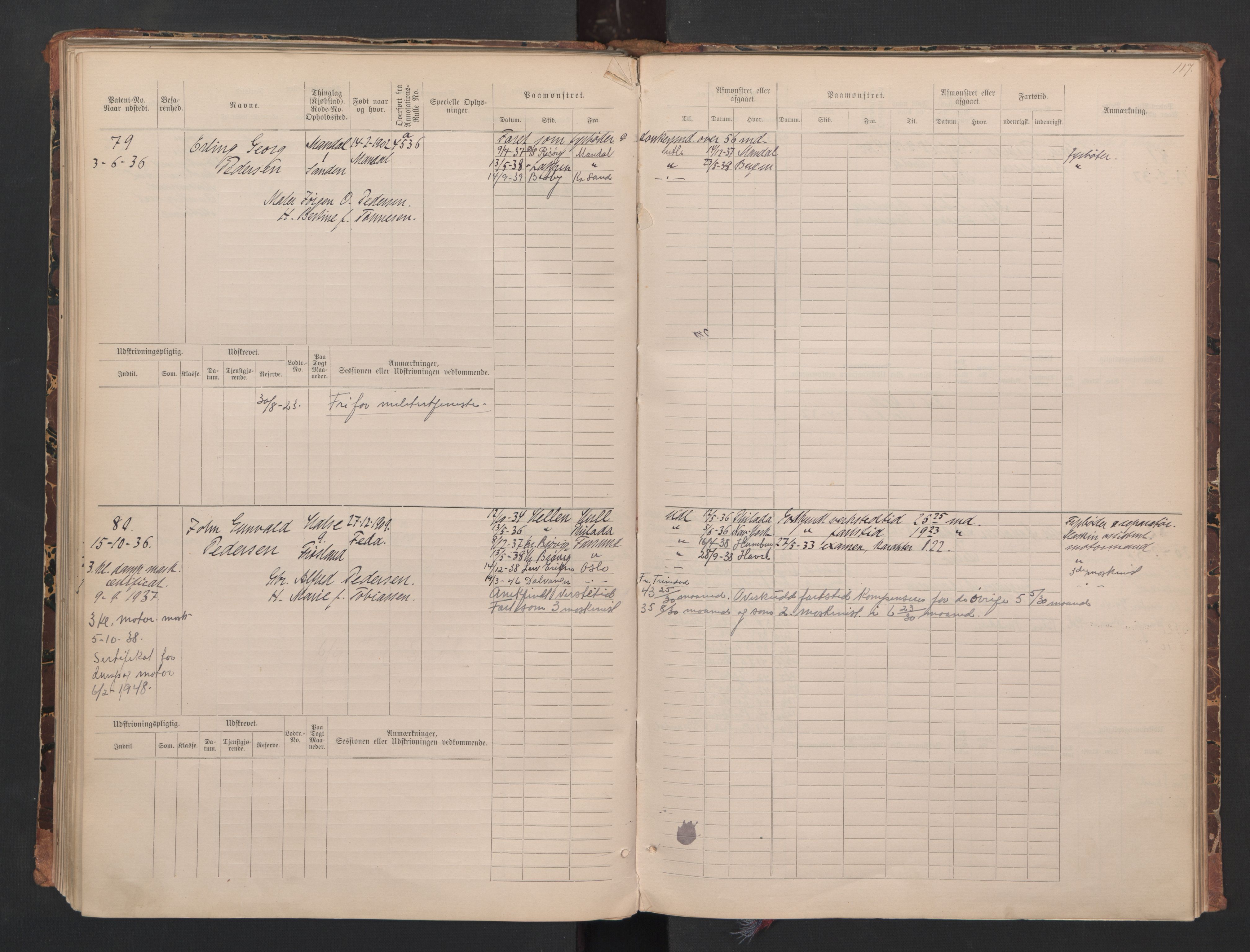 Mandal mønstringskrets, SAK/2031-0016/F/Fa/L0008: Annotasjonsrulle nr 1-3, hovedrulle nr 1-122, maskinister og fyrbøtere, med register, Y-18, 1883-1948, p. 74