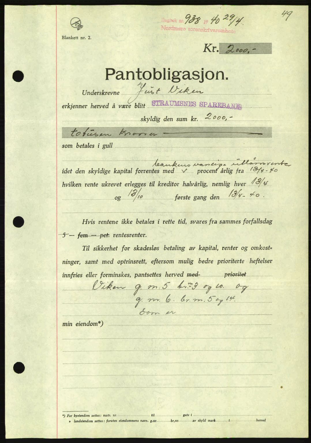 Nordmøre sorenskriveri, AV/SAT-A-4132/1/2/2Ca: Mortgage book no. B87, 1940-1941, Diary no: : 938/1940