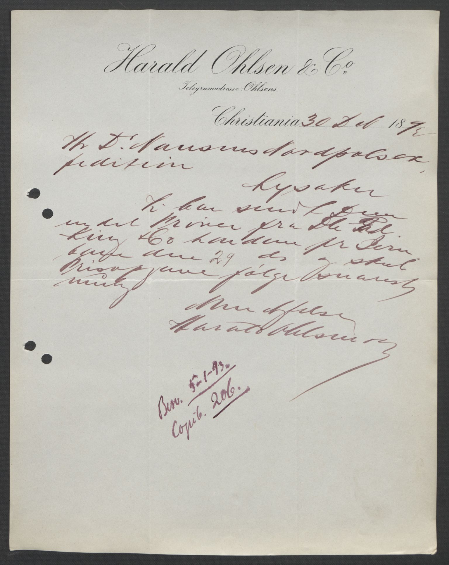 Arbeidskomitéen for Fridtjof Nansens polarekspedisjon, AV/RA-PA-0061/D/L0004: Innk. brev og telegrammer vedr. proviant og utrustning, 1892-1893, p. 408