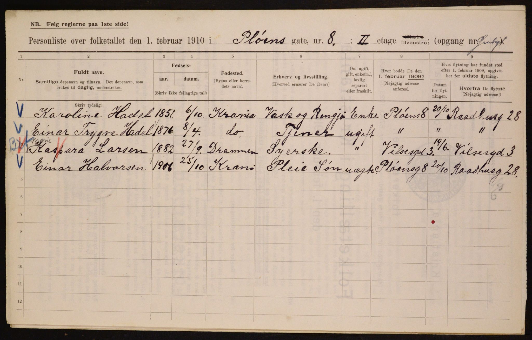 OBA, Municipal Census 1910 for Kristiania, 1910, p. 77647