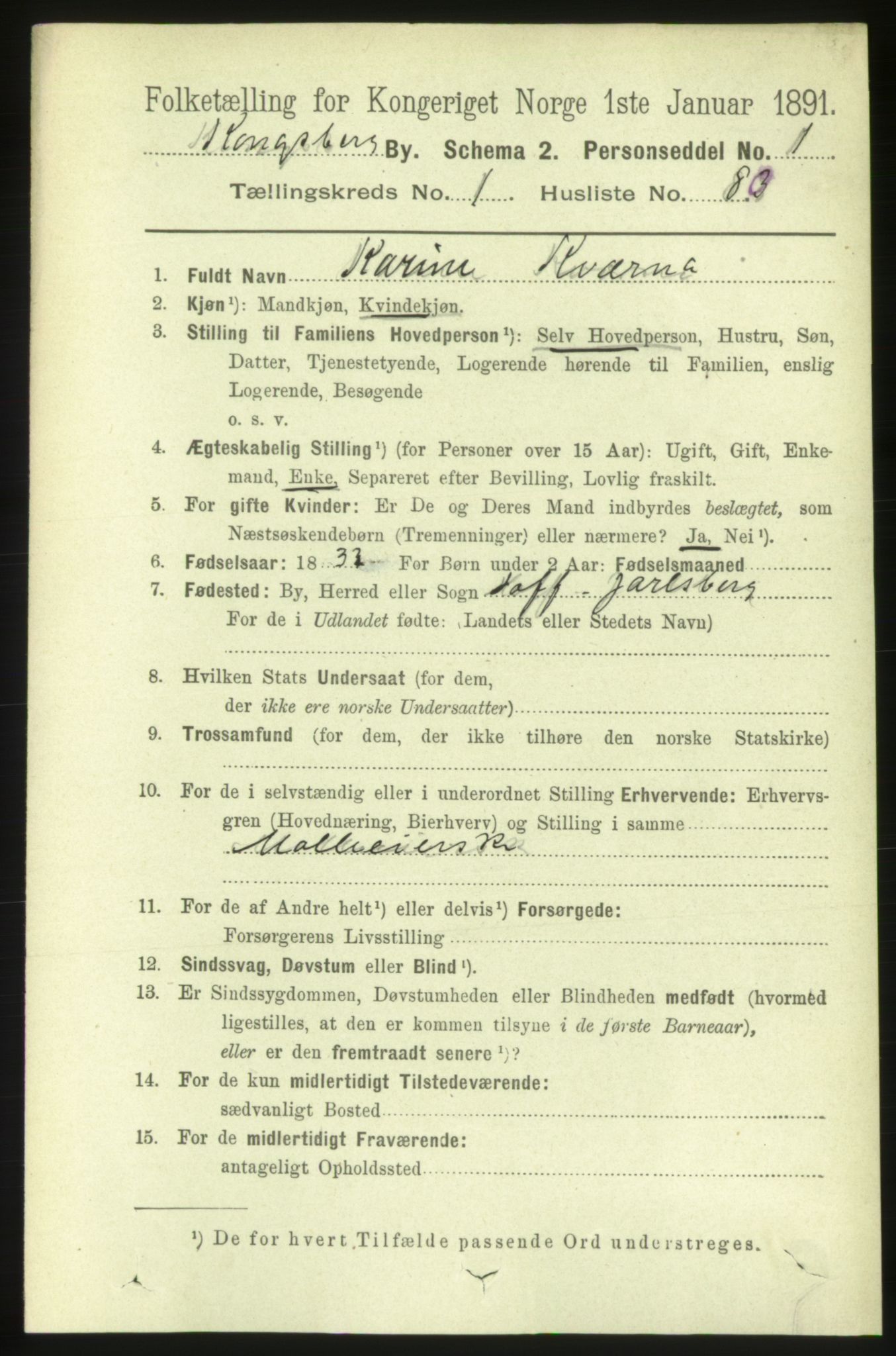 RA, 1891 census for 0604 Kongsberg, 1891, p. 2215