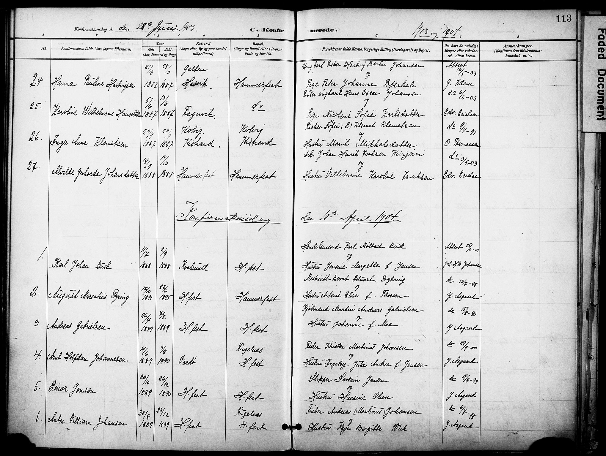 Hammerfest sokneprestkontor, SATØ/S-1347/H/Ha/L0010.kirke: Parish register (official) no. 10, 1898-1905, p. 113