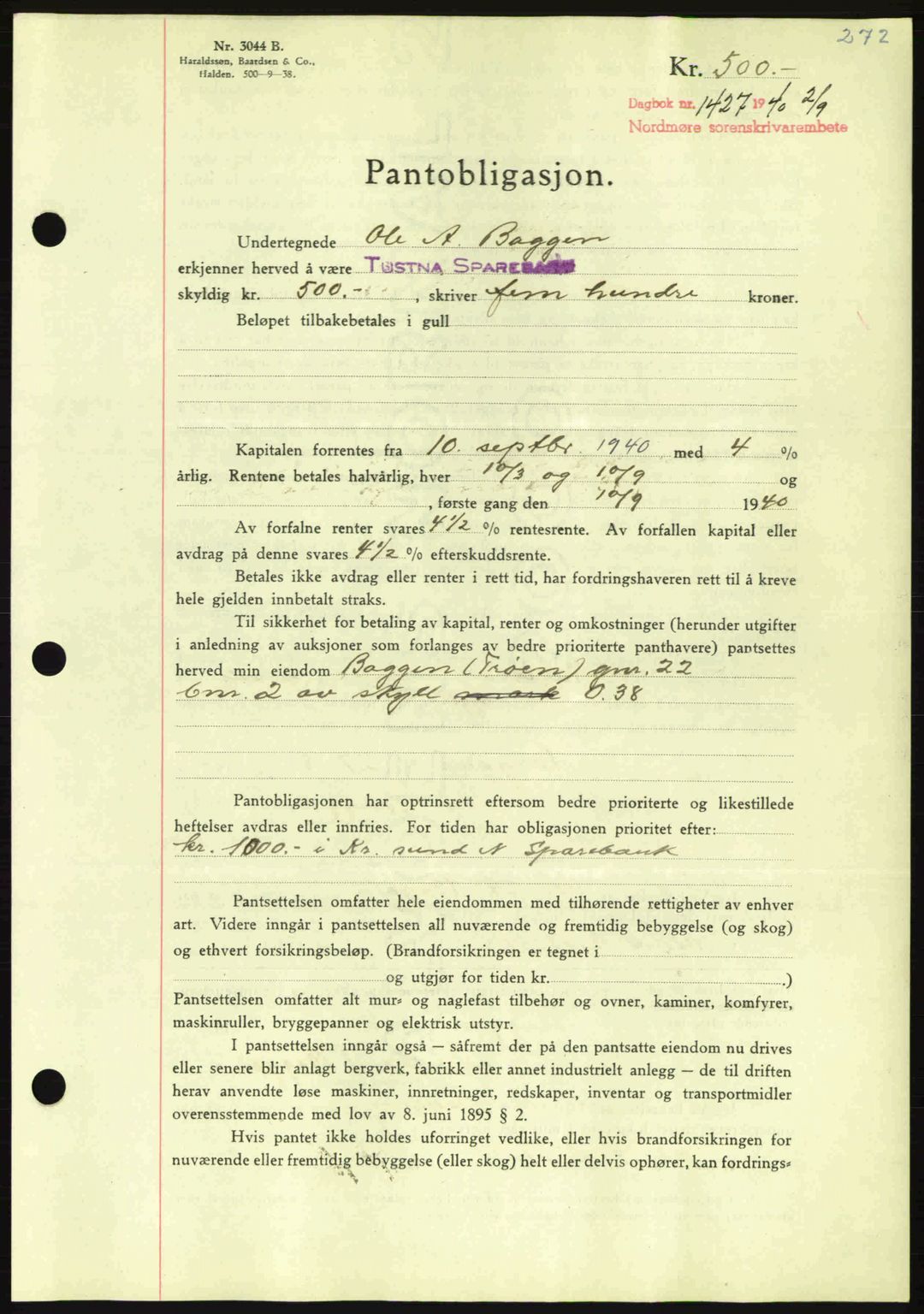 Nordmøre sorenskriveri, AV/SAT-A-4132/1/2/2Ca: Mortgage book no. B87, 1940-1941, Diary no: : 1427/1940