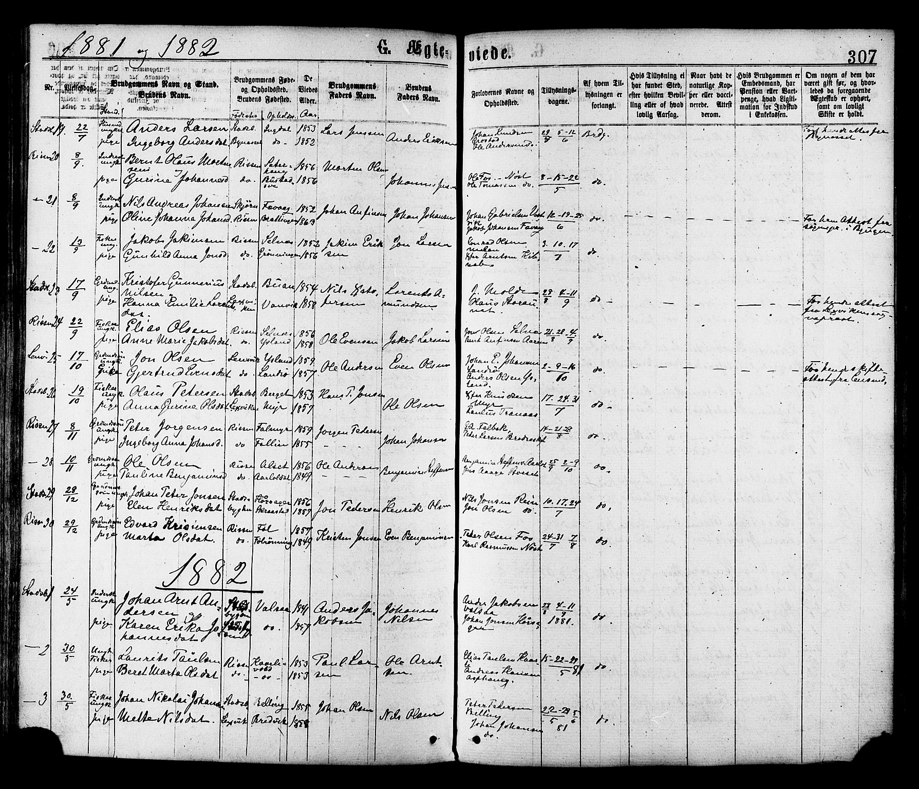 Ministerialprotokoller, klokkerbøker og fødselsregistre - Sør-Trøndelag, SAT/A-1456/646/L0613: Parish register (official) no. 646A11, 1870-1884, p. 307