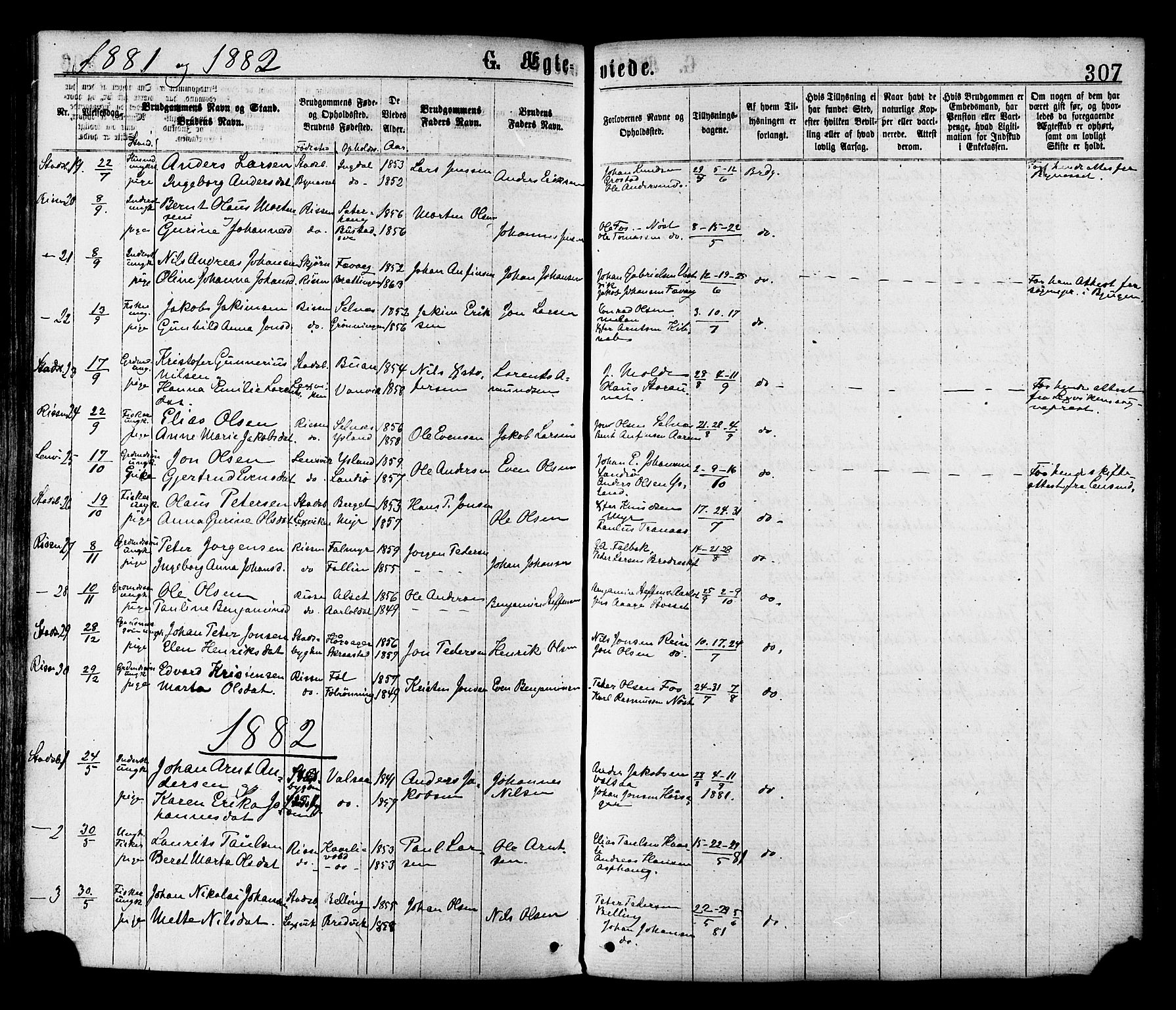 Ministerialprotokoller, klokkerbøker og fødselsregistre - Sør-Trøndelag, AV/SAT-A-1456/646/L0613: Parish register (official) no. 646A11, 1870-1884, p. 307