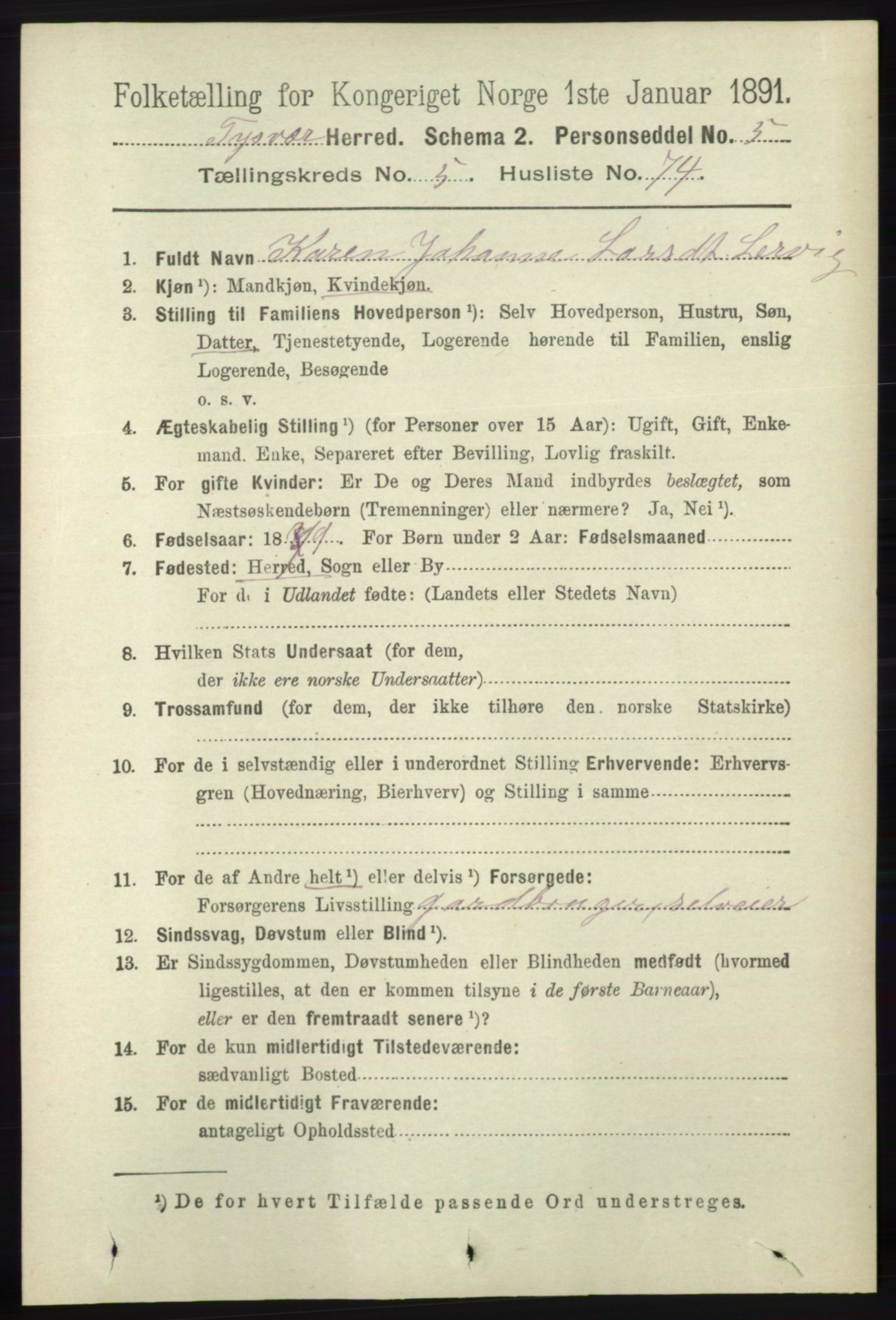 RA, 1891 census for 1146 Tysvær, 1891, p. 2230