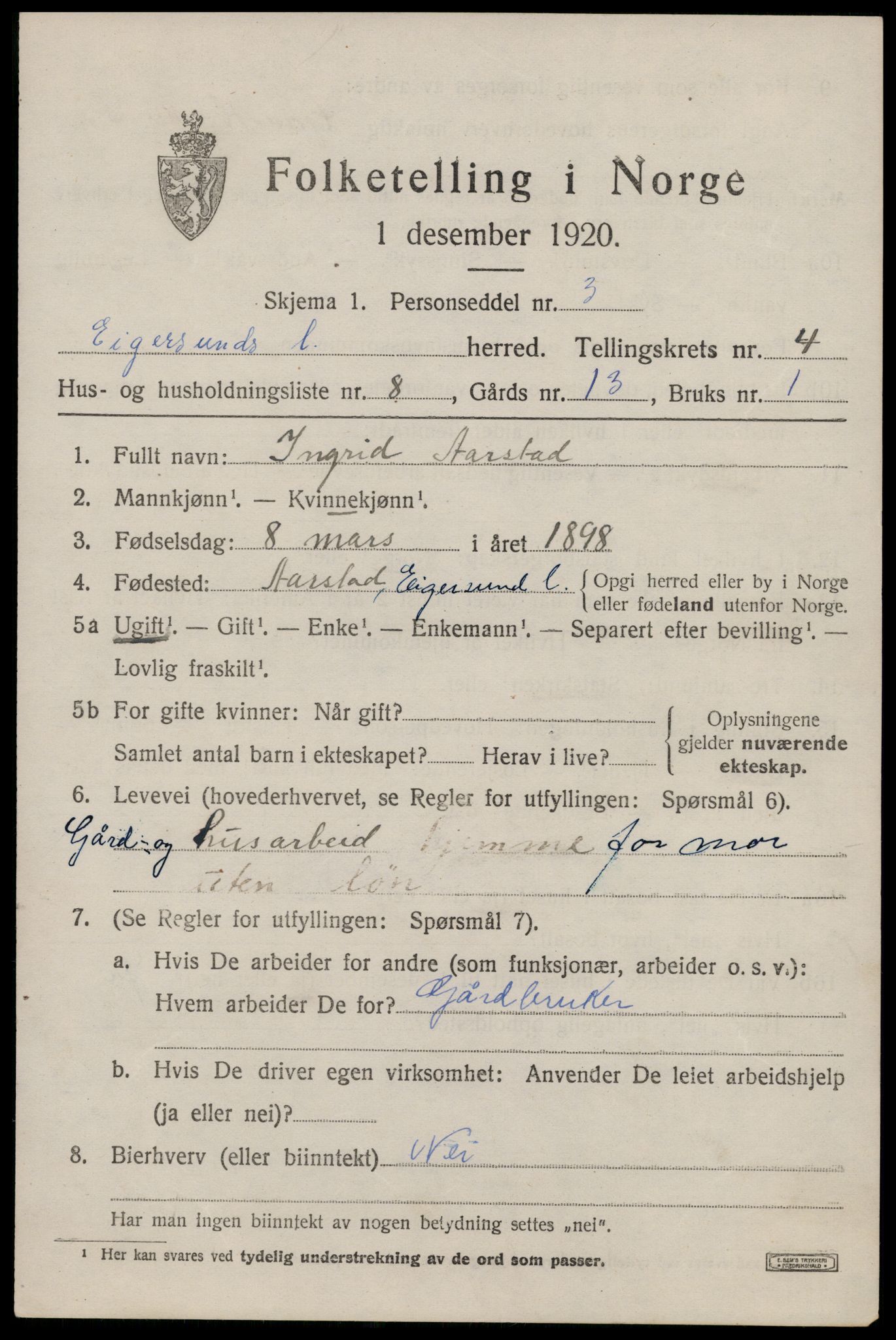 SAST, 1920 census for Eigersund, 1920, p. 2899