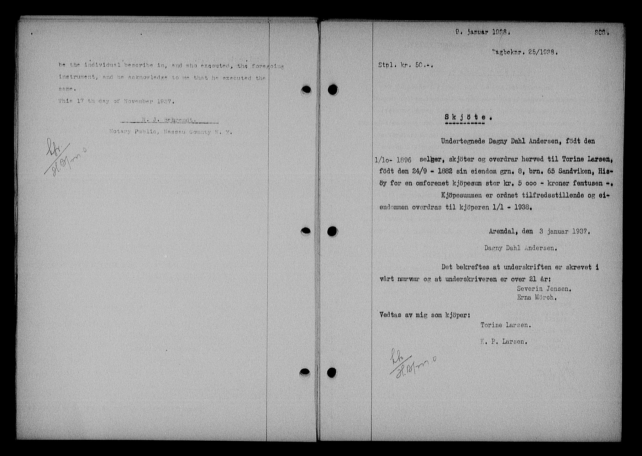 Nedenes sorenskriveri, SAK/1221-0006/G/Gb/Gba/L0044: Mortgage book no. 40, 1937-1938, Diary no: : 25/1938