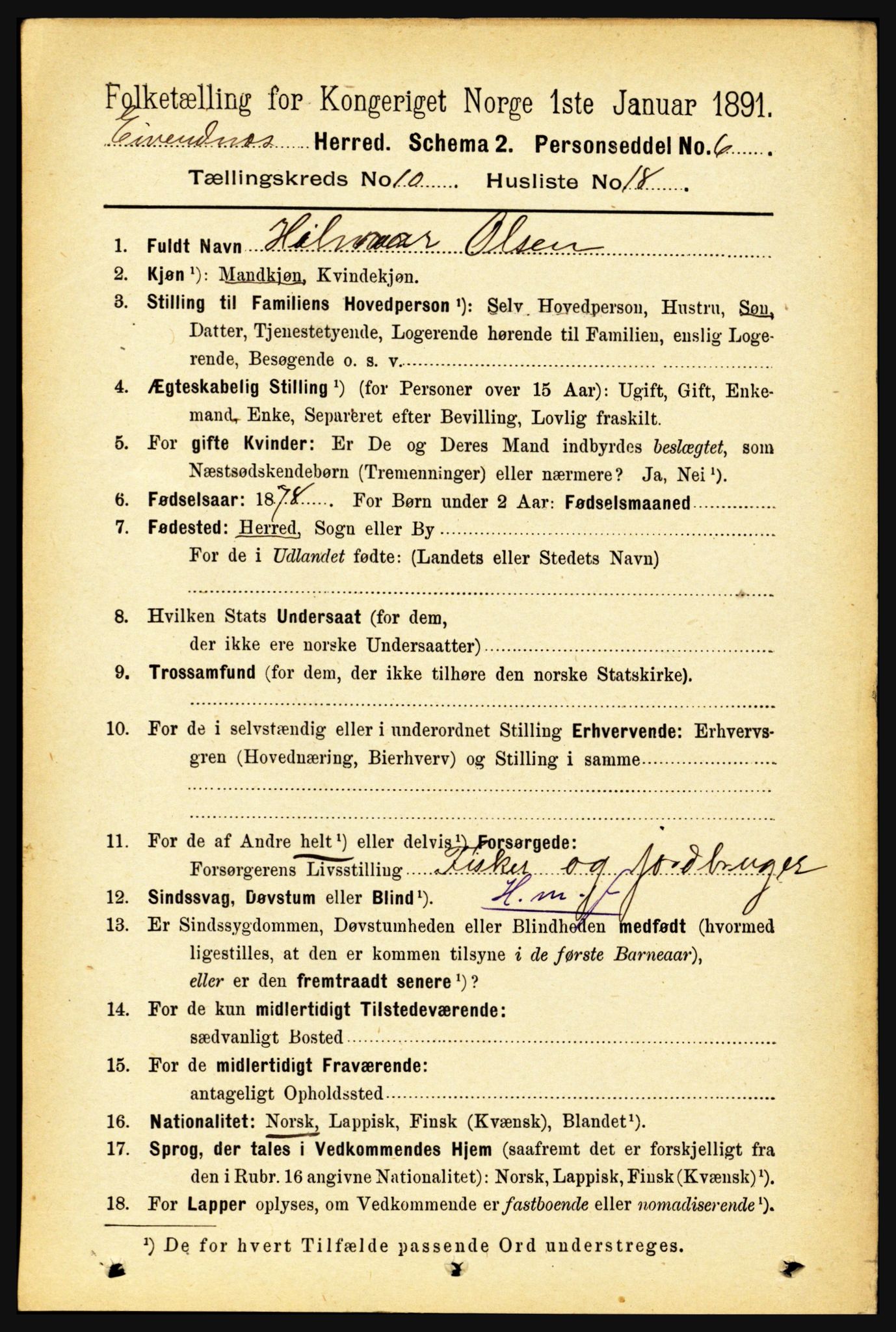 RA, 1891 census for 1853 Evenes, 1891, p. 3267