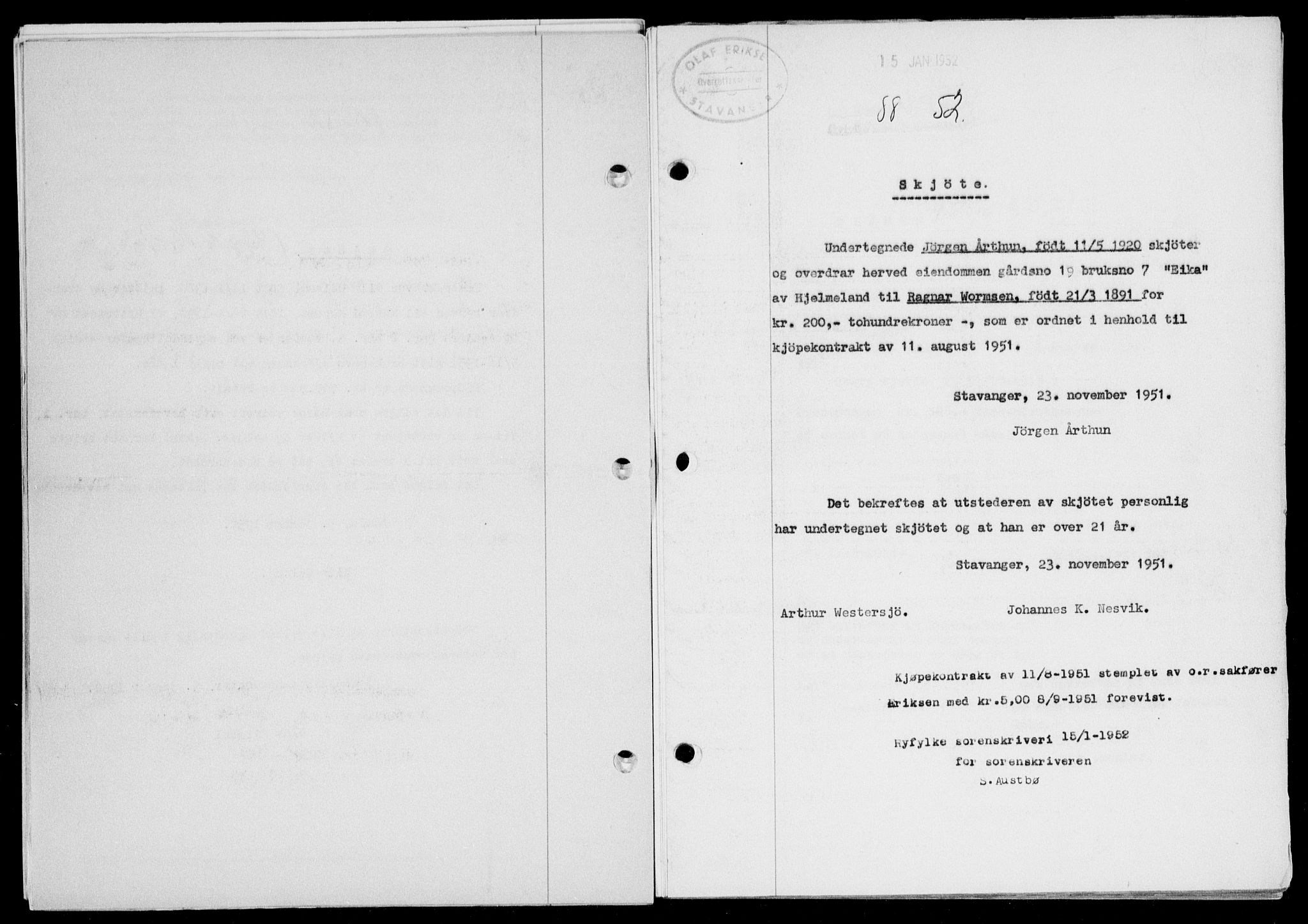Ryfylke tingrett, SAST/A-100055/001/II/IIB/L0116: Mortgage book no. 95, 1951-1952, Diary no: : 88/1952