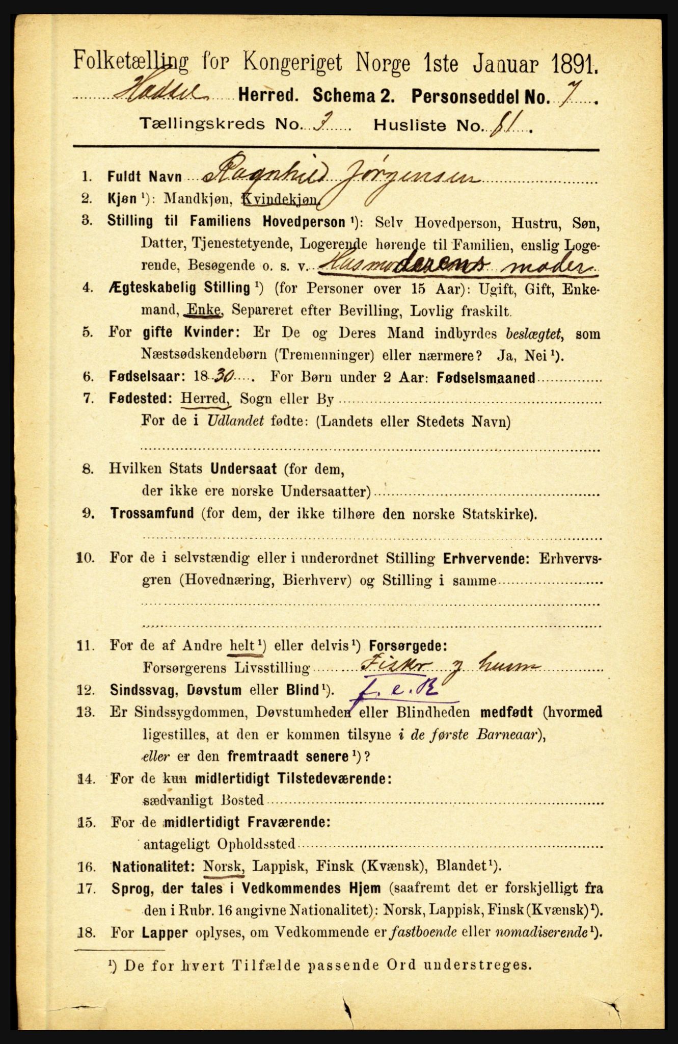 RA, 1891 census for 1866 Hadsel, 1891, p. 1650