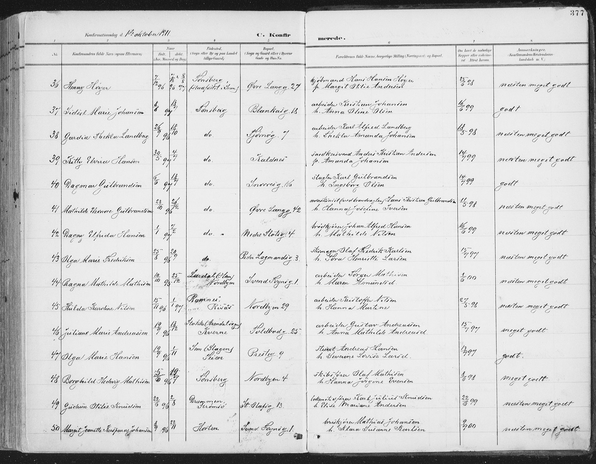 Tønsberg kirkebøker, SAKO/A-330/F/Fa/L0014: Parish register (official) no. I 14, 1900-1913, p. 377